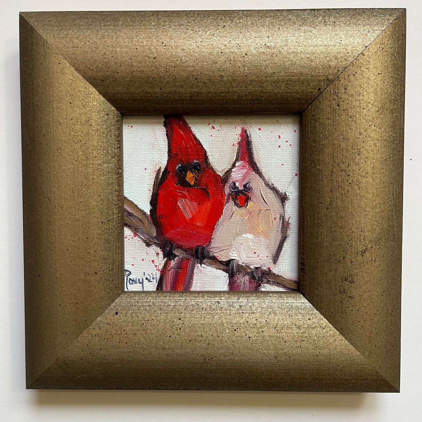 Cute Couple (Cardinals) Original Oil Painting 4x4 Framed