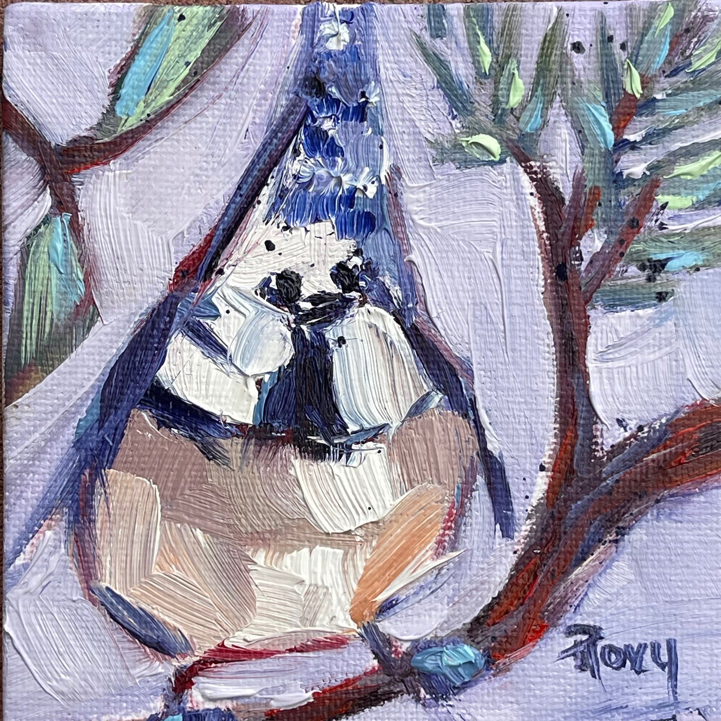 Fat Little Crested Tit Original Oil Painting 4x4 Framed