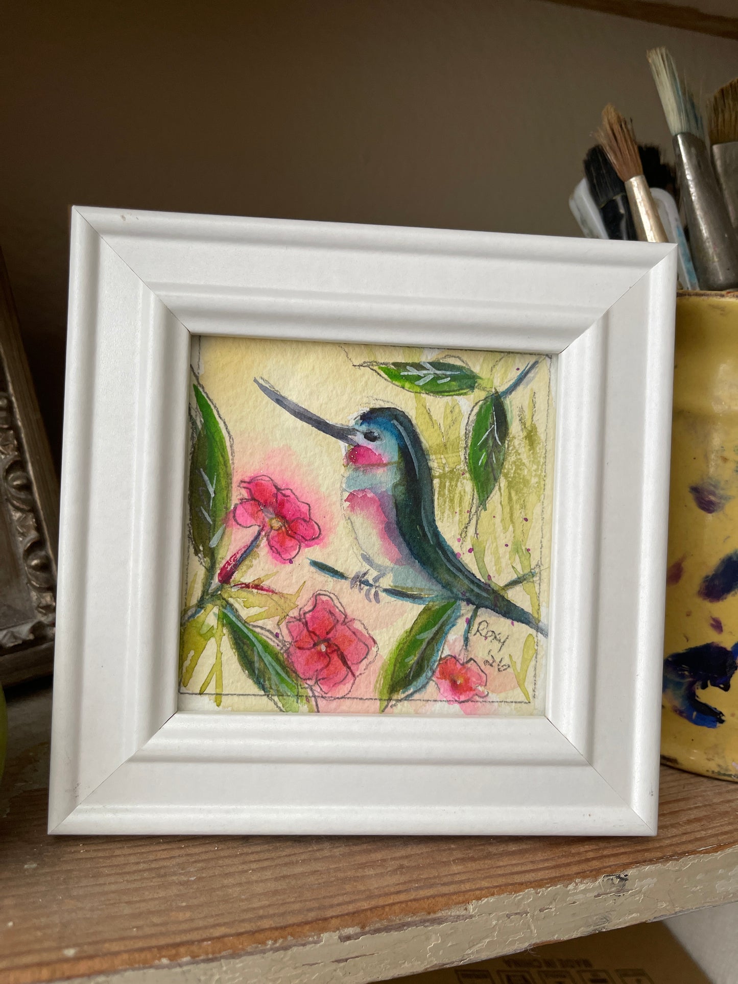 Annas Hummingbird with Pink Blossoms-Original Watercolor Painting 4x4 Framed