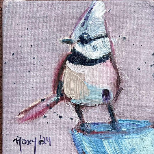 Cute Little Crested Tit Original Oil Painting 4x4 Framed