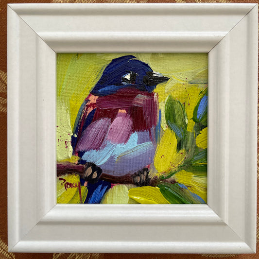 Blissful Bluebird Original Oil Painting 4x4 Framed