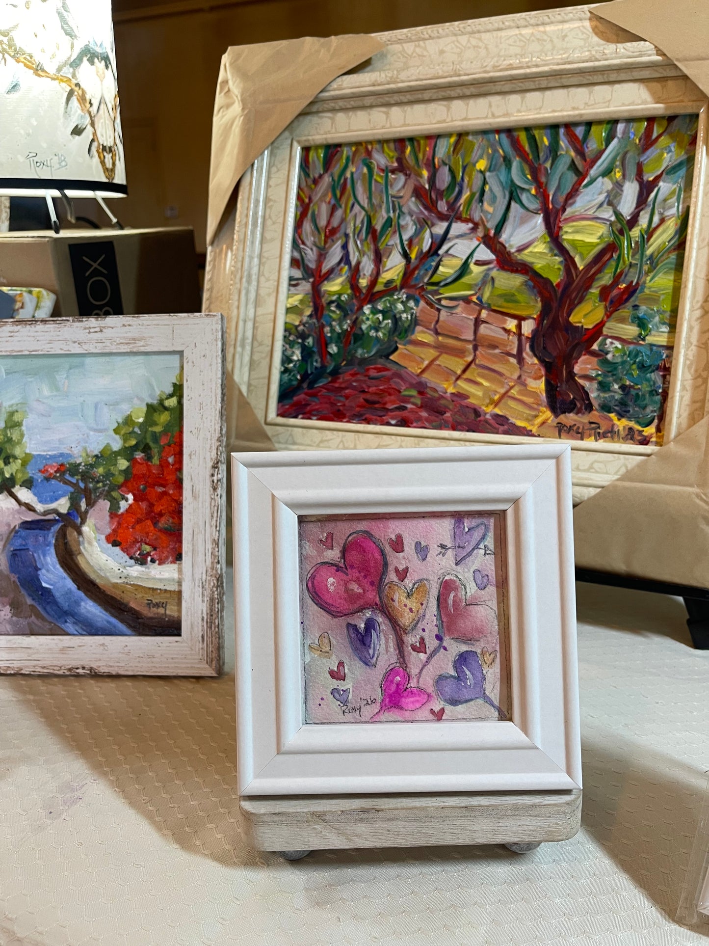 Floating Hearts Parade-Original Watercolor Painting 4x4 Framed