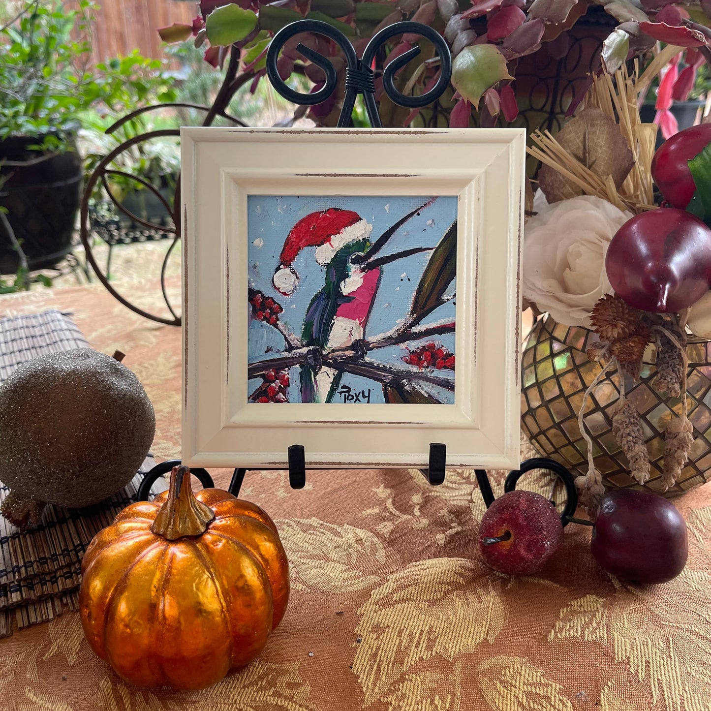 Merry and Bright Holiday Hummingbird Original Oil Painting 4x4 Framed