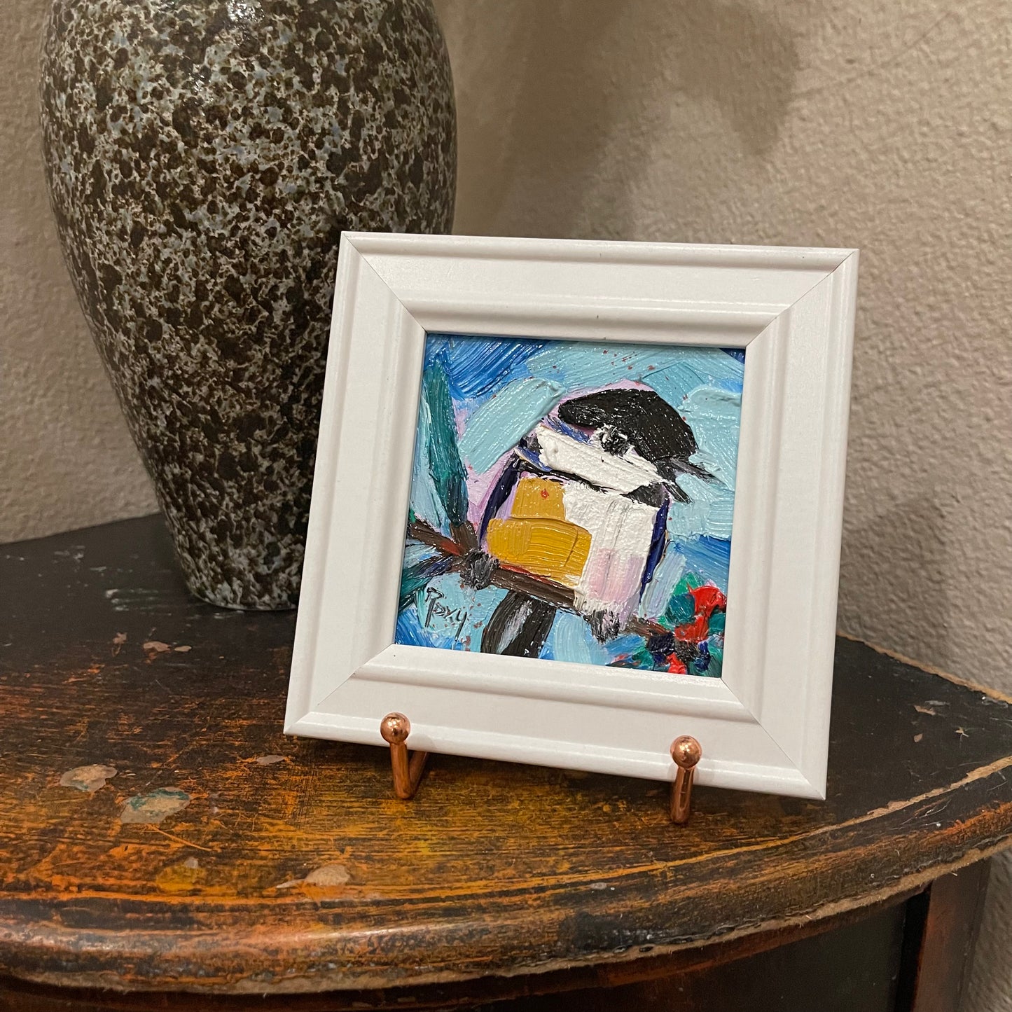 Chirpy Chickadee-Original Oil Painting 4x4 Framed