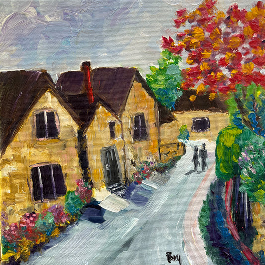 Gloucestershire Stroll Cotswolds Original Oil Painting 8 x 8 Framed