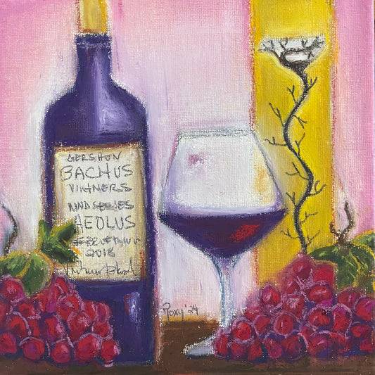 Aeolus: Vino GBV y uvas Pintura al óleo original en colores pastel 8 x 8 Enmarcada