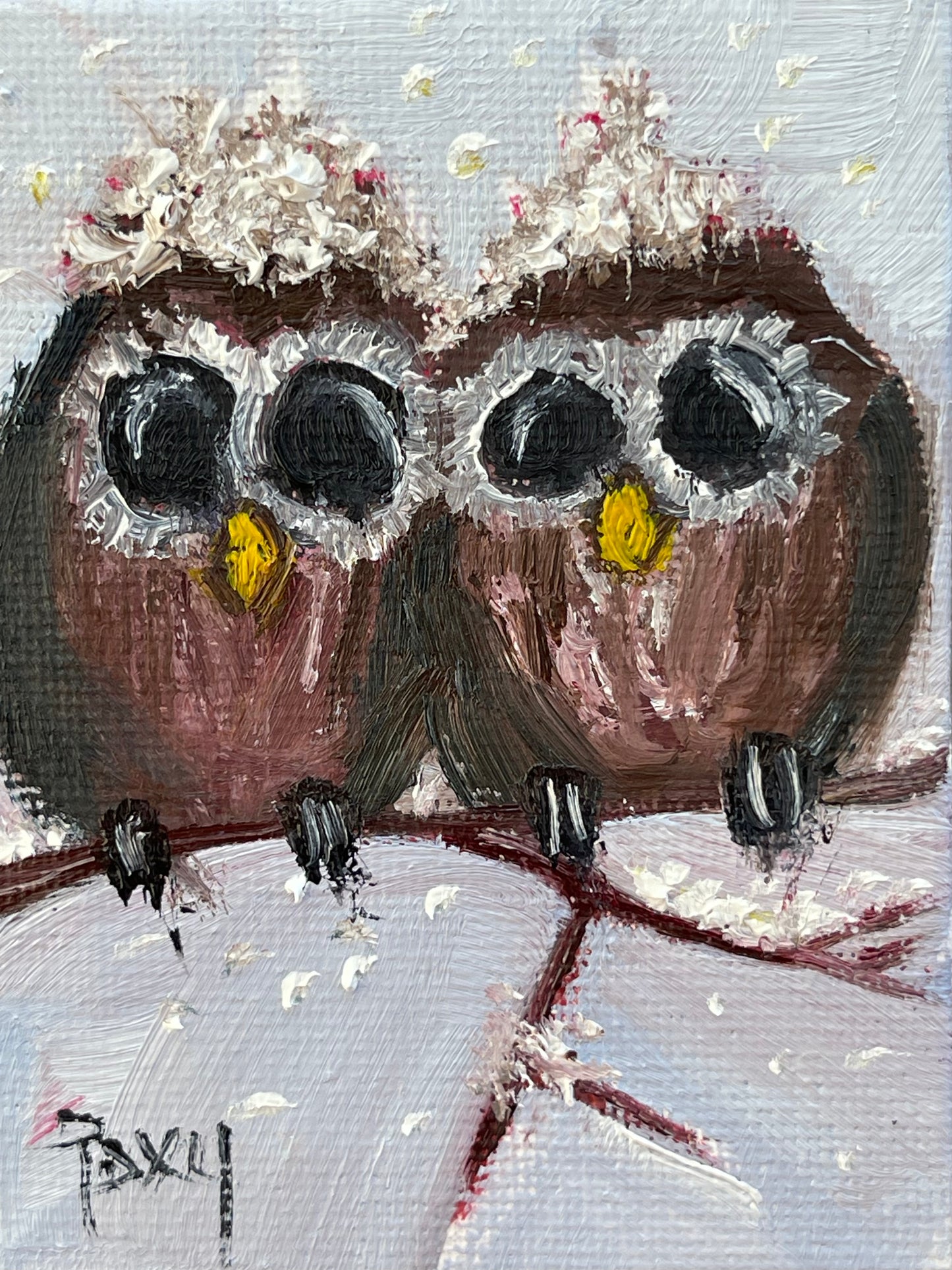 Adorable Baby Owls-Original Miniature Oil Painting with Stand