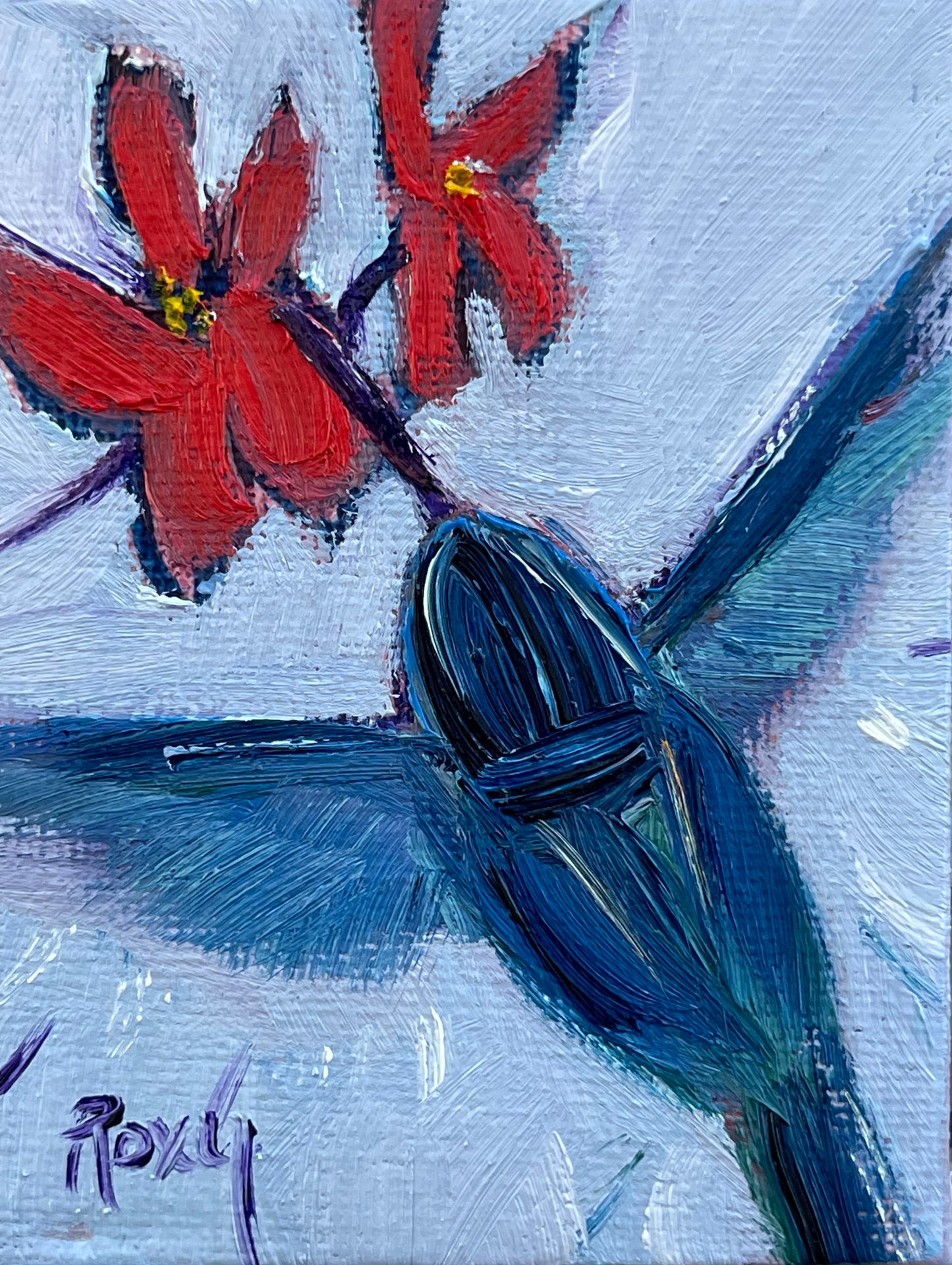Colibrí azul -Pintura al óleo en miniatura original con soporte