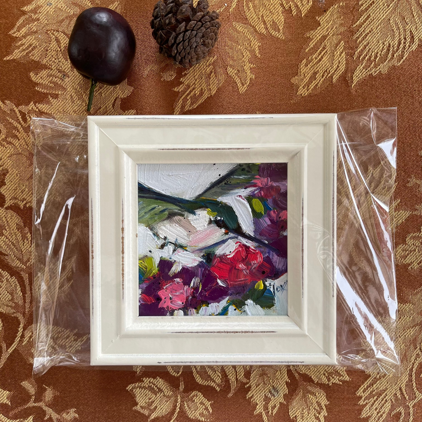 Floating on Flowers Hummingbird Original Oil Painting 4x4 Framed