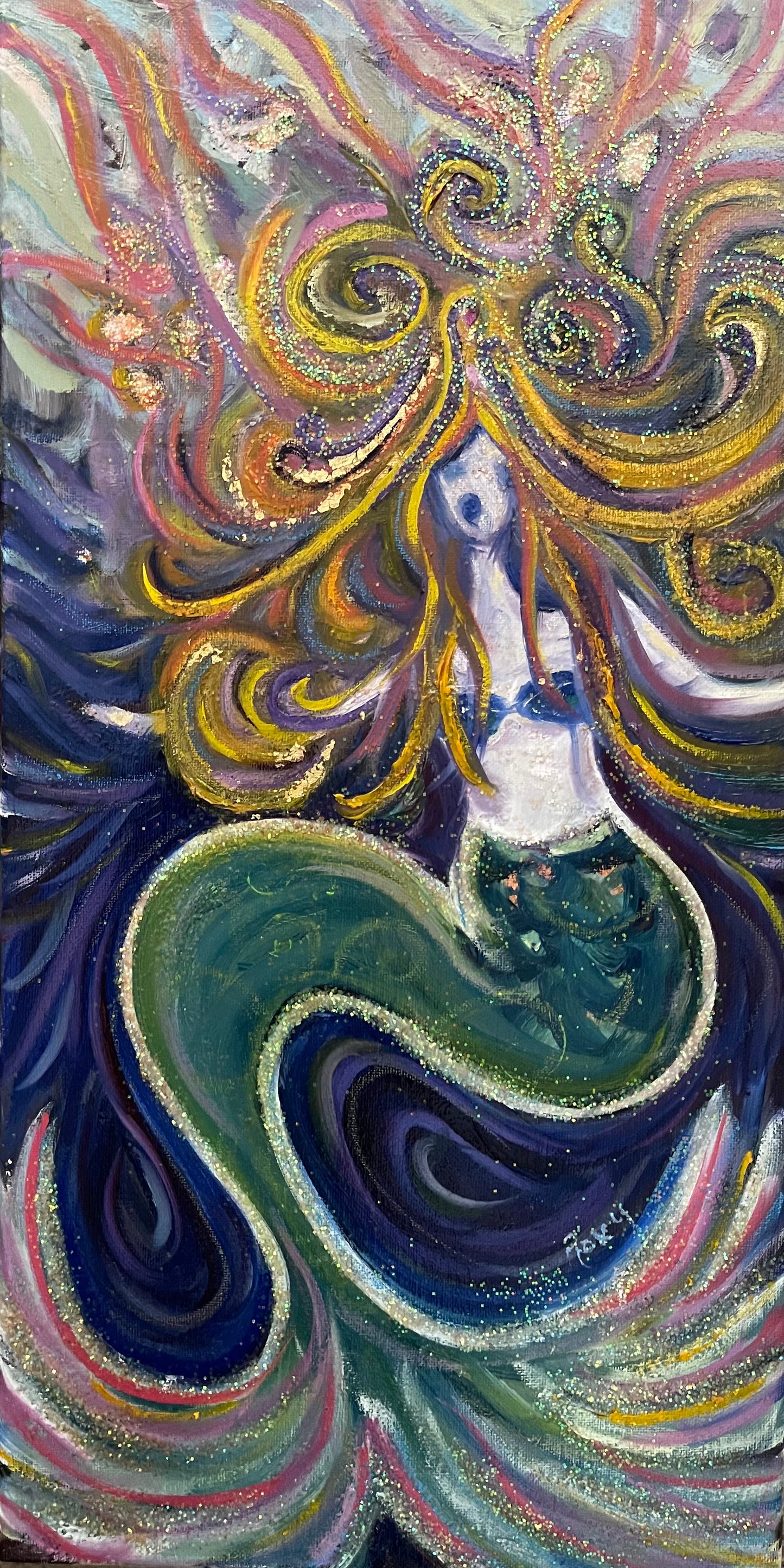 La sirena gritadora-(La sirena) Pintura al óleo original enmarcada