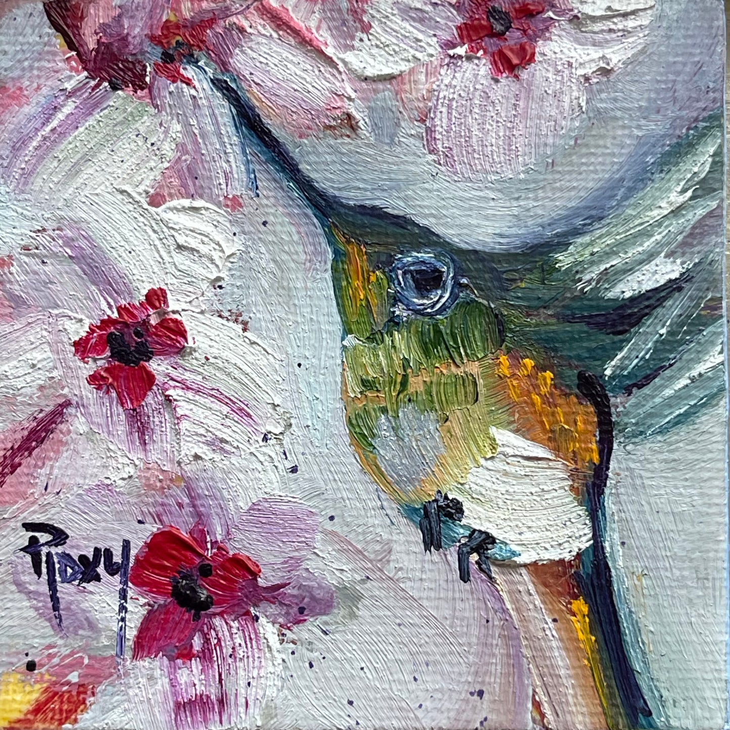 Fat Little Fledgling -Original Miniature Hummingbird Oil Painting with Stand