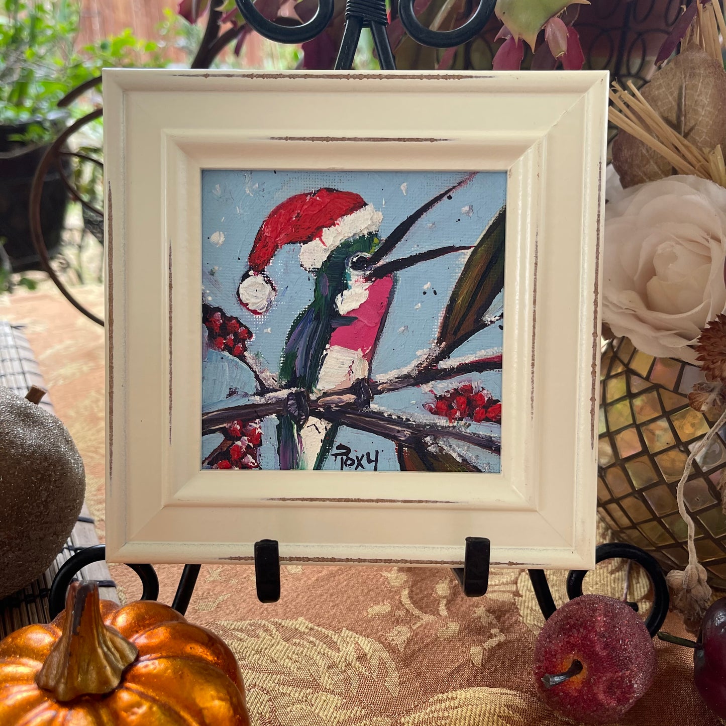 Merry and Bright Holiday Hummingbird Original Oil Painting 4x4 Framed