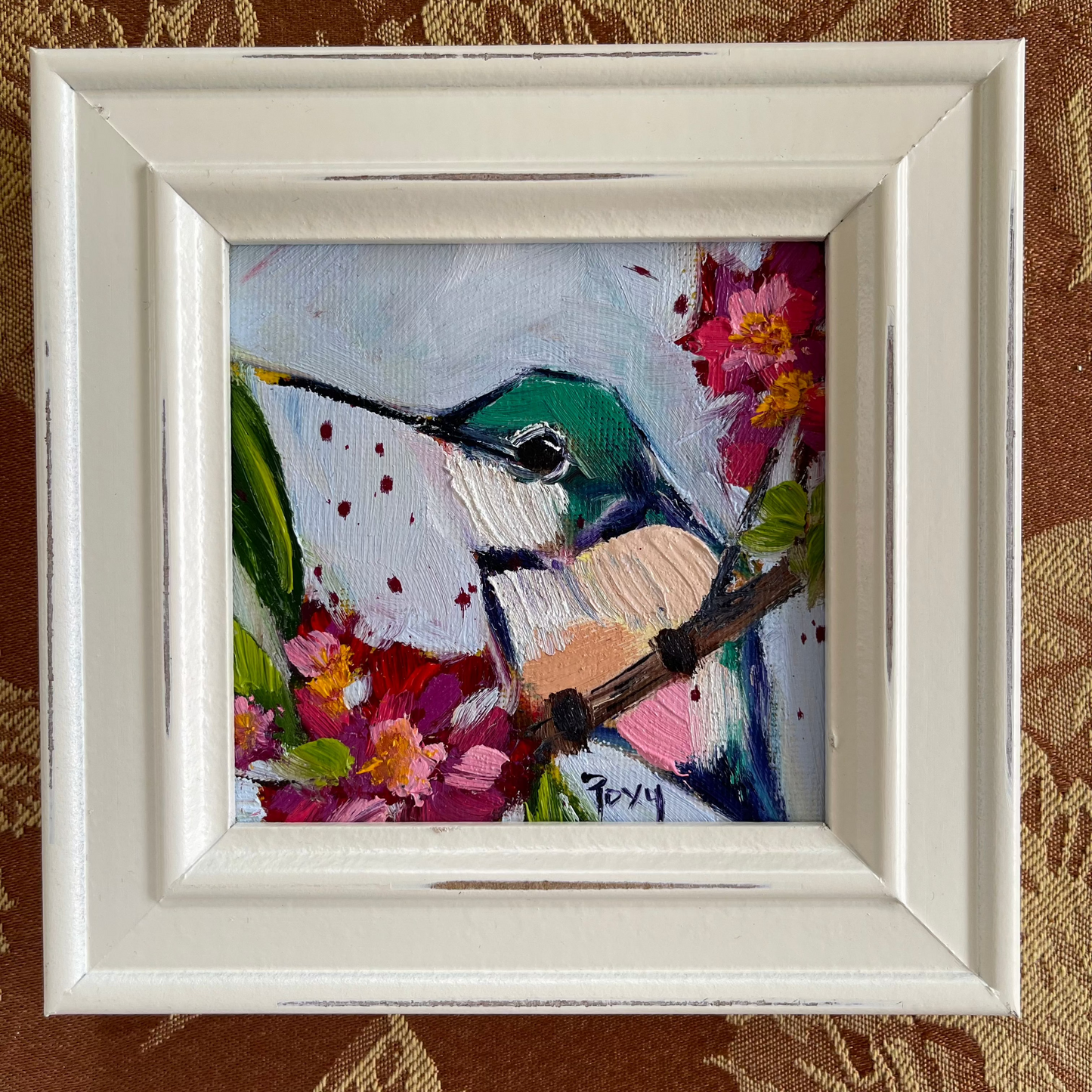 Curious Little Hummingbird Original Oil Painting 4x4 Framed