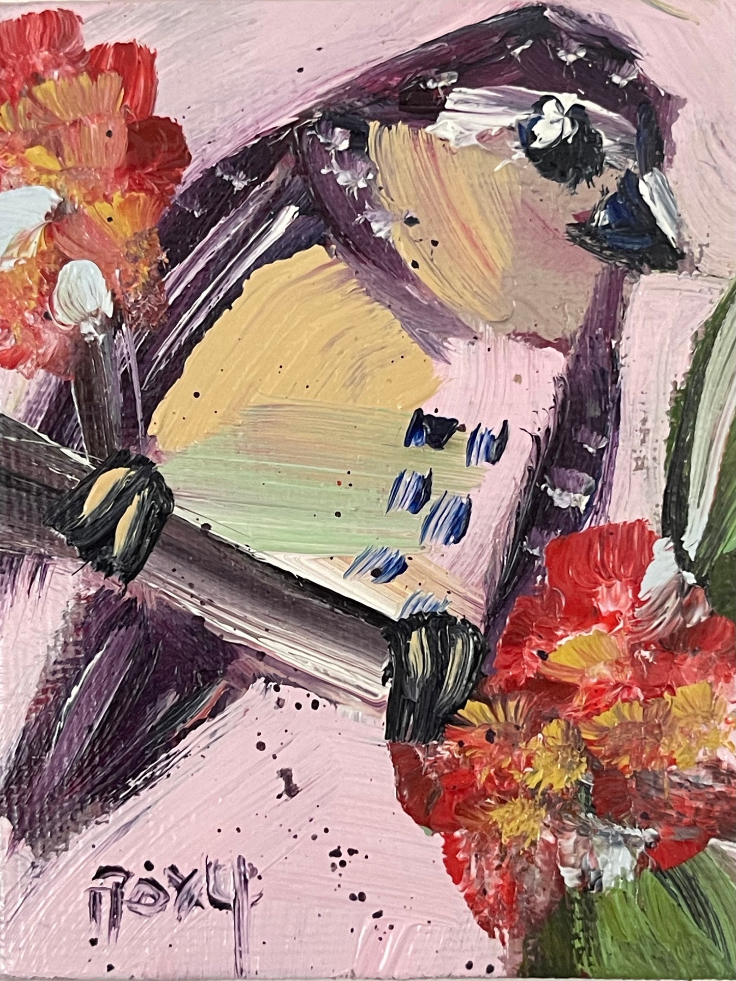 Lindo pequeño gorrión-Original pintura al óleo en miniatura con soporte