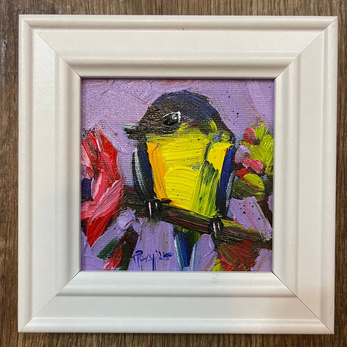 Blue Tit on a Rose Original Oil Painting 4x4 Framed