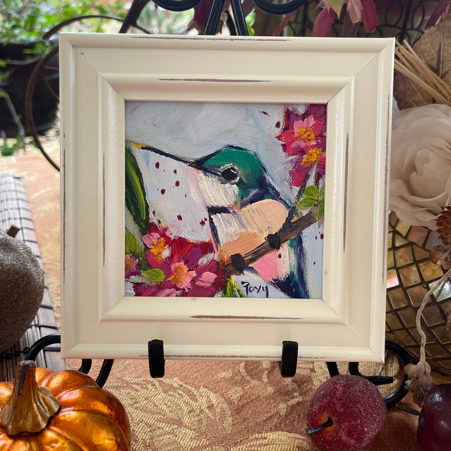 Curious Little Hummingbird Original Oil Painting 4x4 Framed