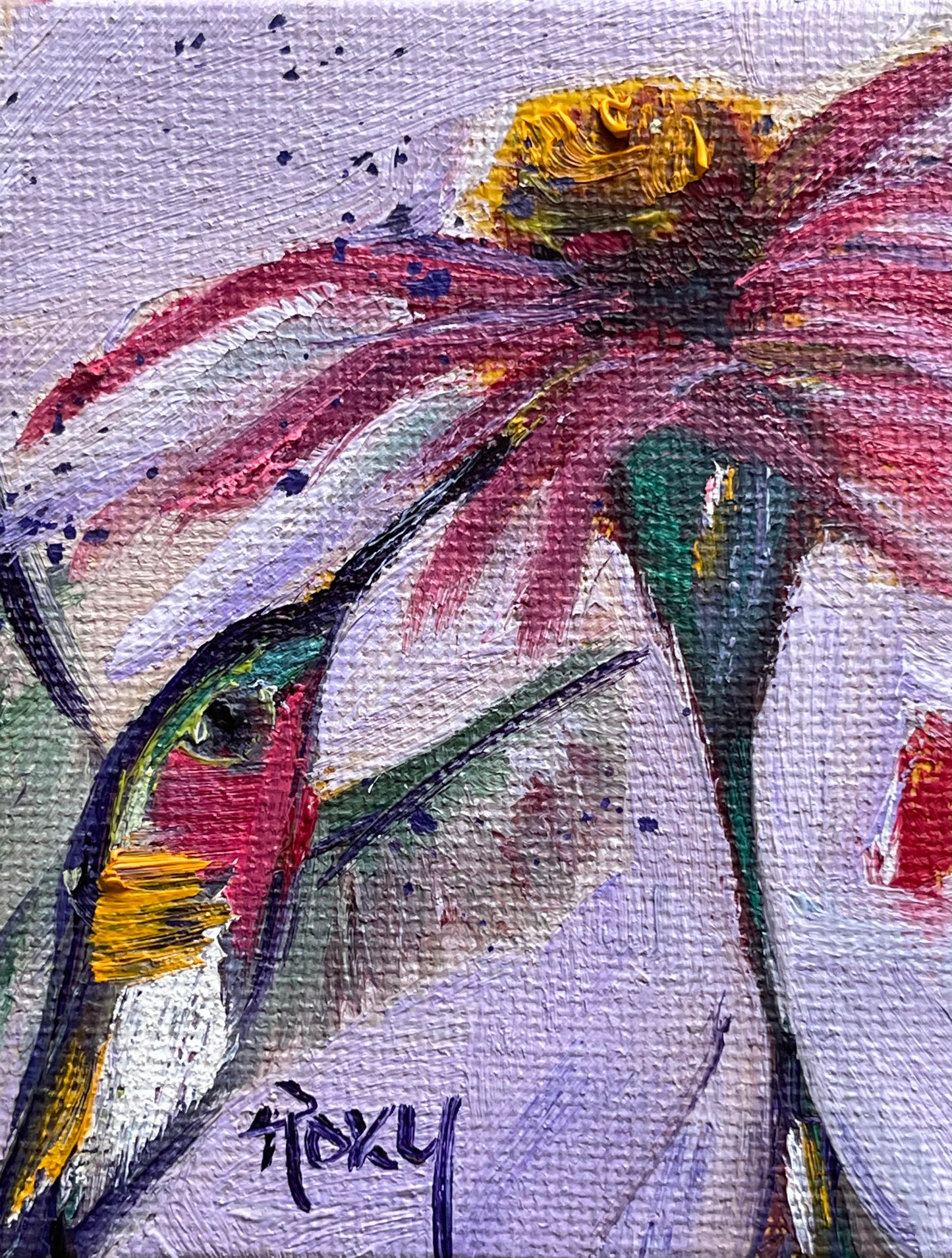 Hummingbird with Purple Coneflower-Original Miniature Hummingbird Oil Painting with Stand