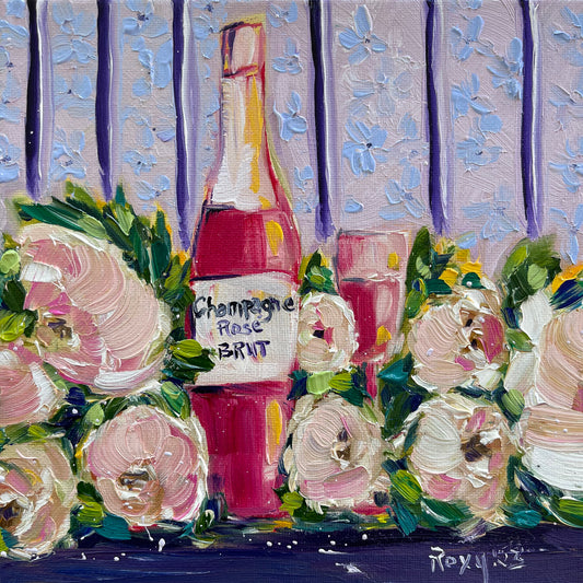 Champagne rose et pivoines Peinture à l’huile originale 8 x 8 encadrée