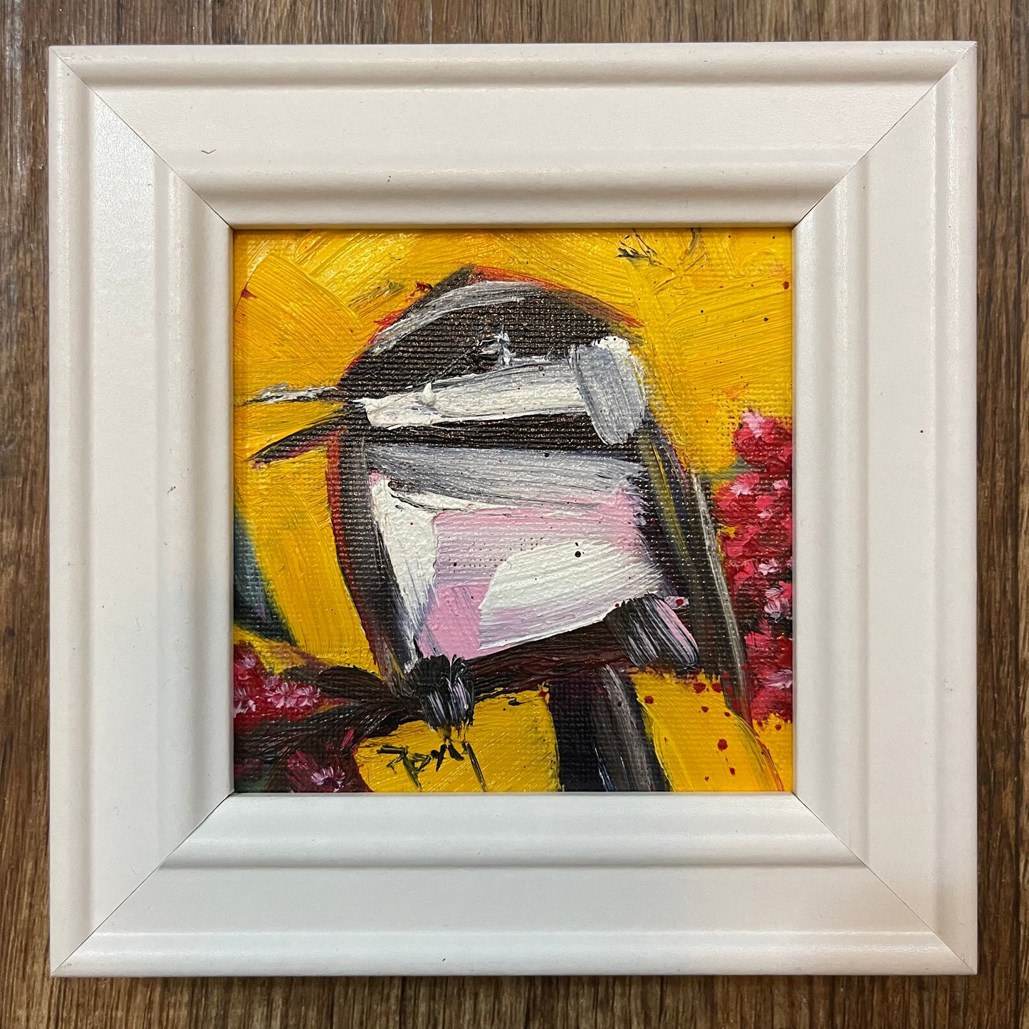 Chirpy Chickadee Original Oil Painting 4x4 Framed