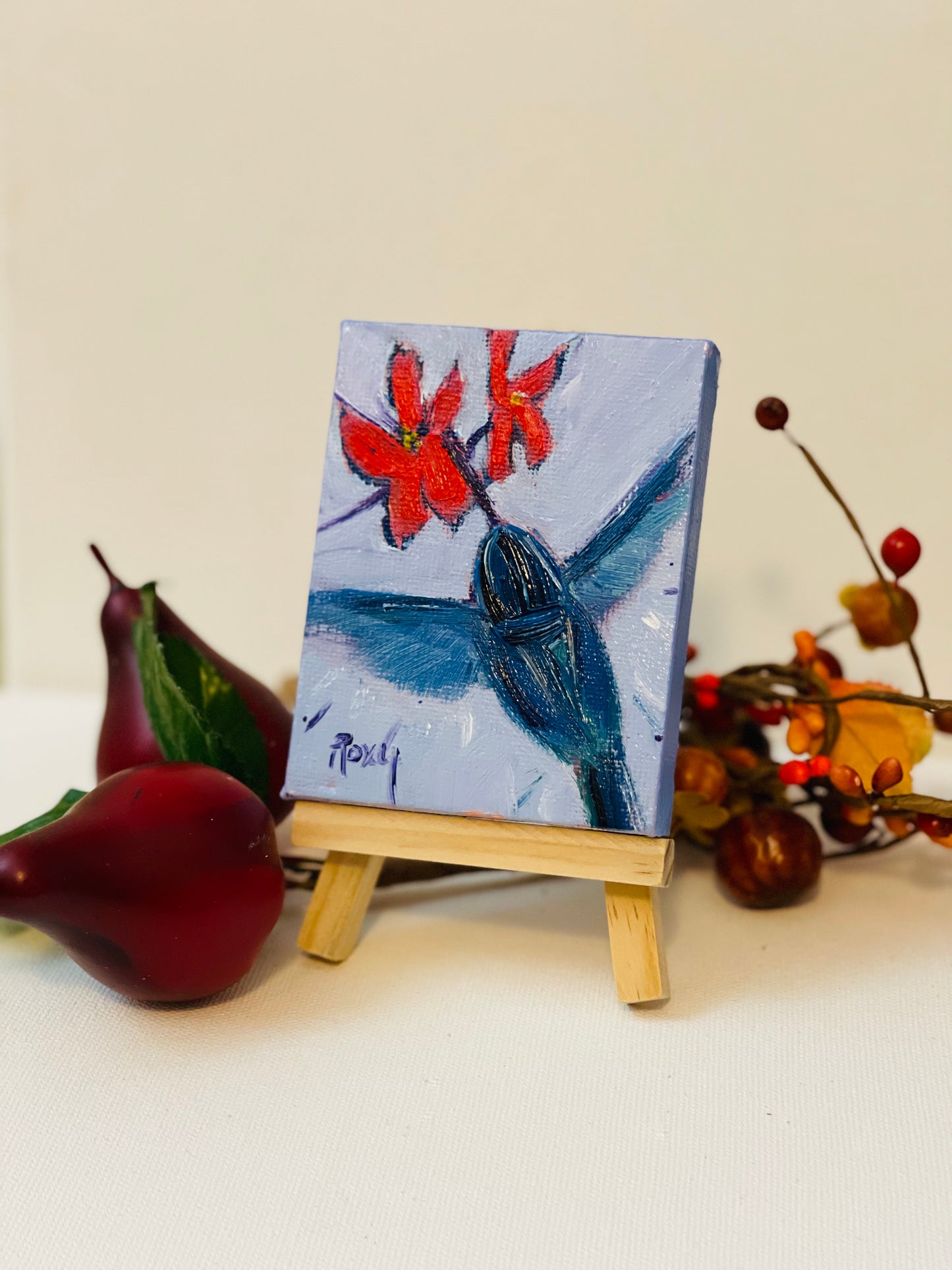 Blue Hummingbird -Original Miniature Oil Painting with Stand
