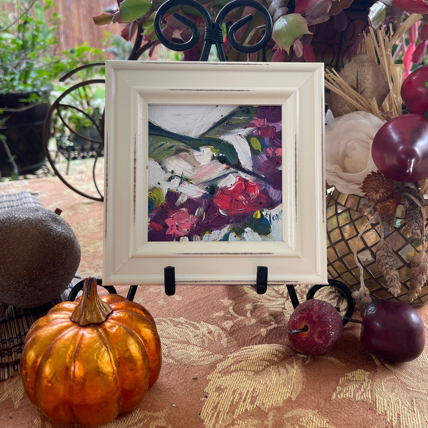 Floating on Flowers Hummingbird Original Oil Painting 4x4 Framed