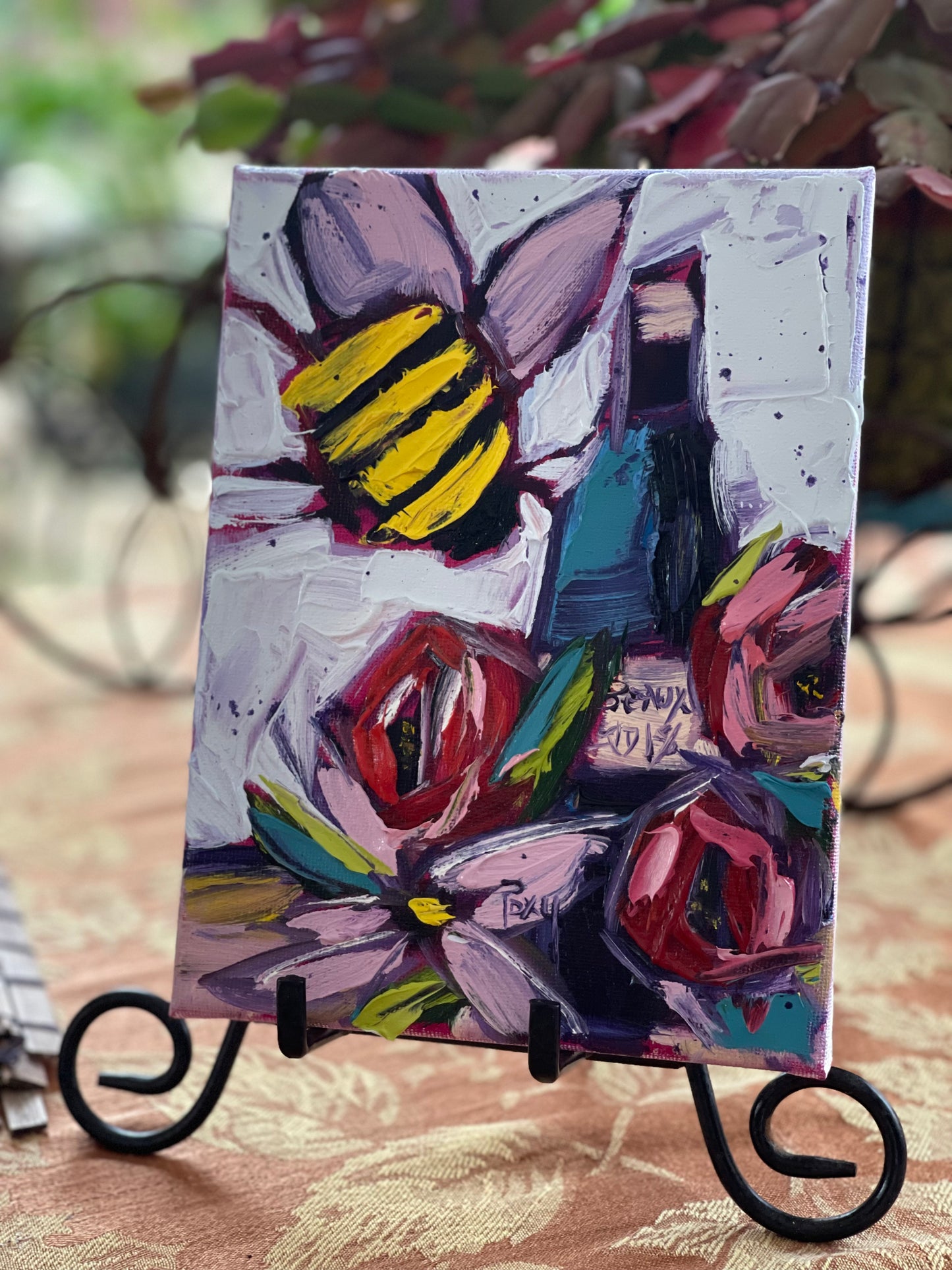 Bee Happy (Bee Wine & Roses) Original Oil Painting 6x8 Unframed