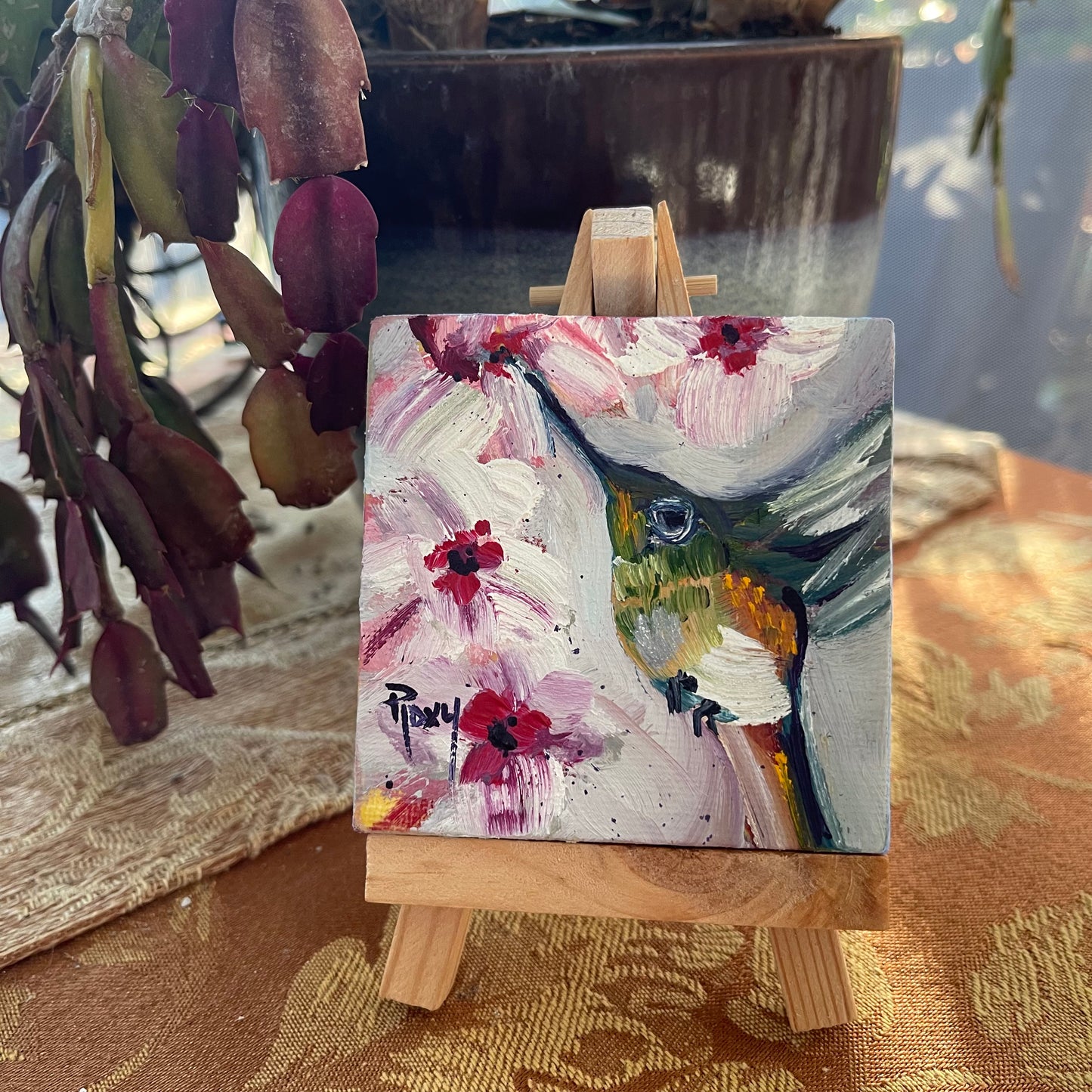 Fat Little Fledgling -Original Miniature Hummingbird Oil Painting with Stand