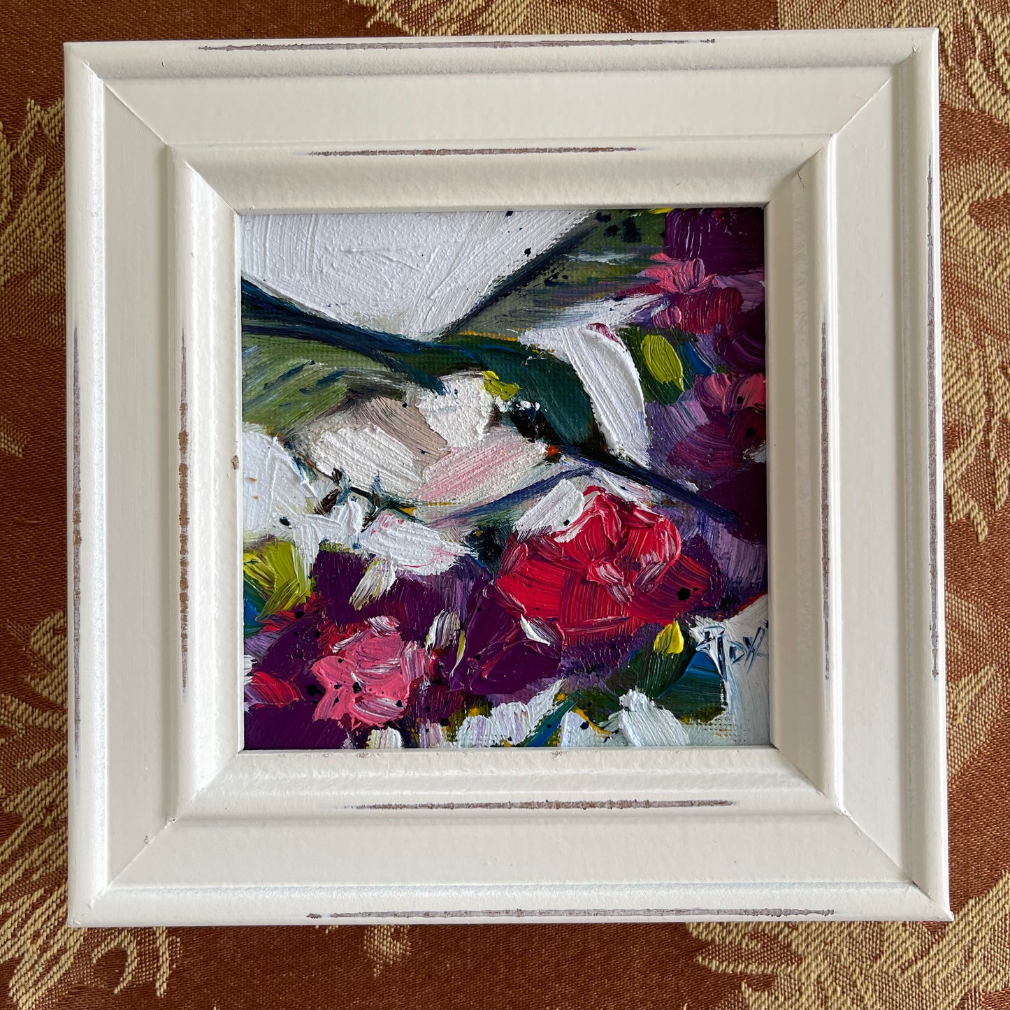 Floating on Flowers Hummingbird Original Oil Painting 4x4 Framed