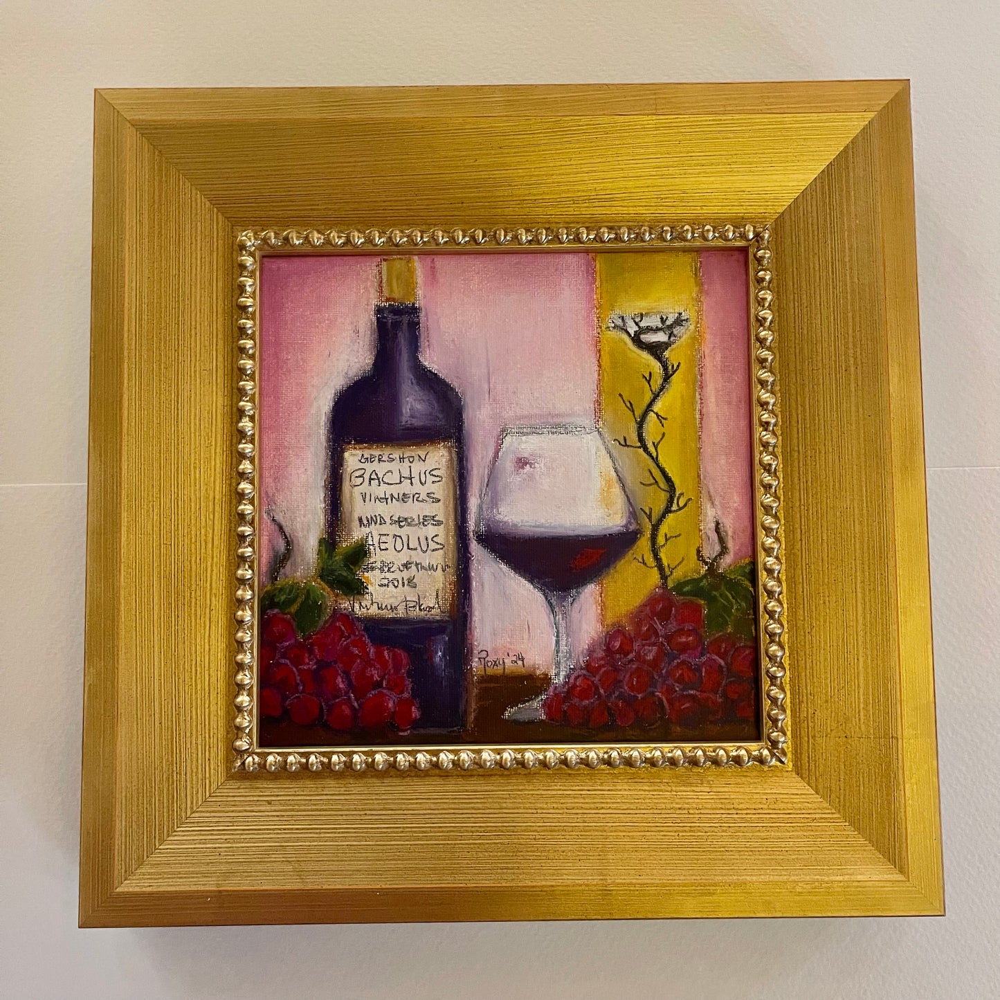 Aeolus: Vino GBV y uvas Pintura al óleo original en colores pastel 8 x 8 Enmarcada