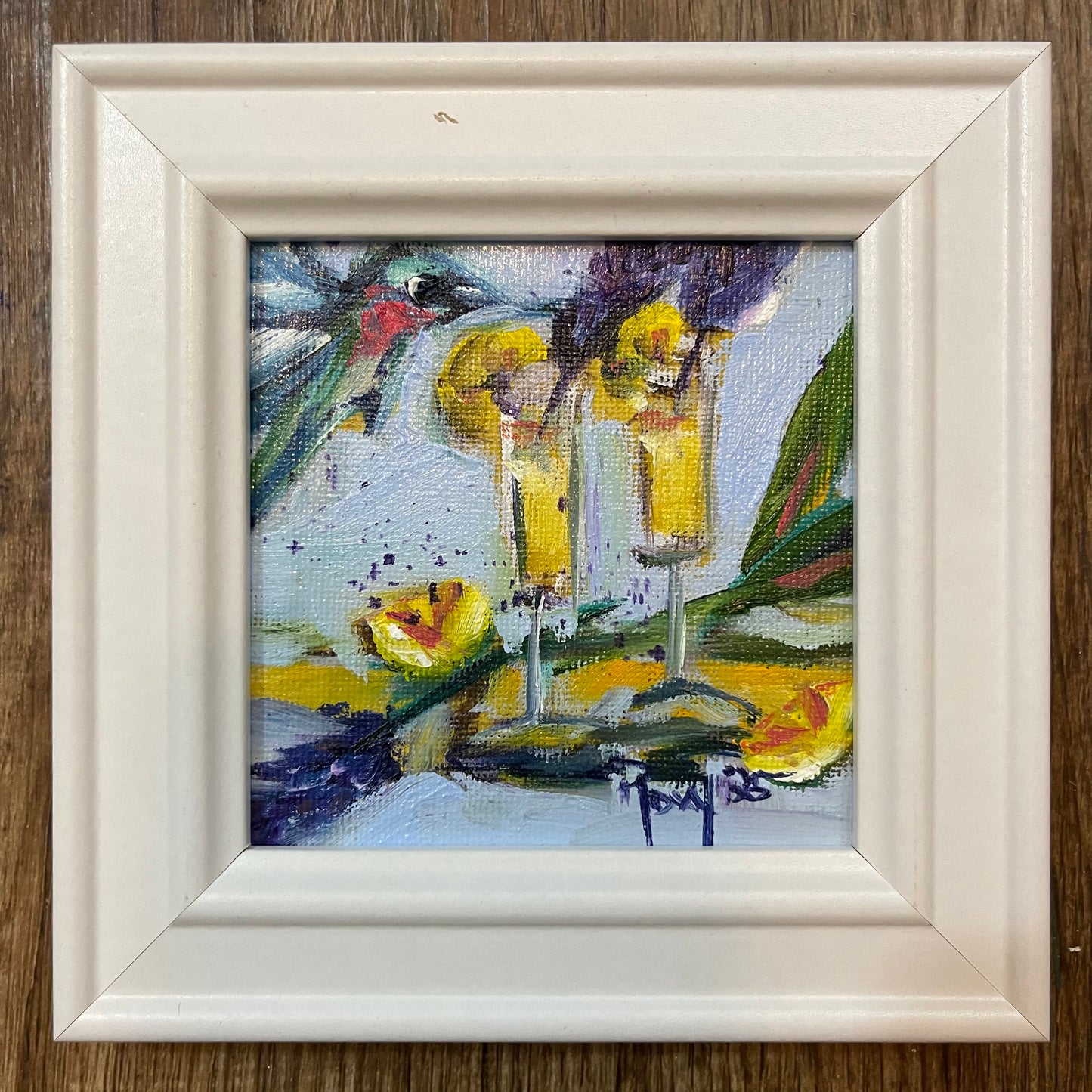 Sparkling Encounter  Hummingbird Original Oil Painting 4x4 Framed