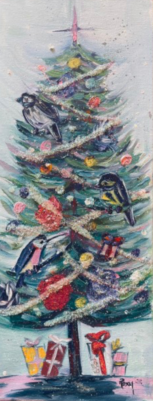 Festive Feathers (Birds in a Christmas Tree) Original Oil Painting 8 x 20