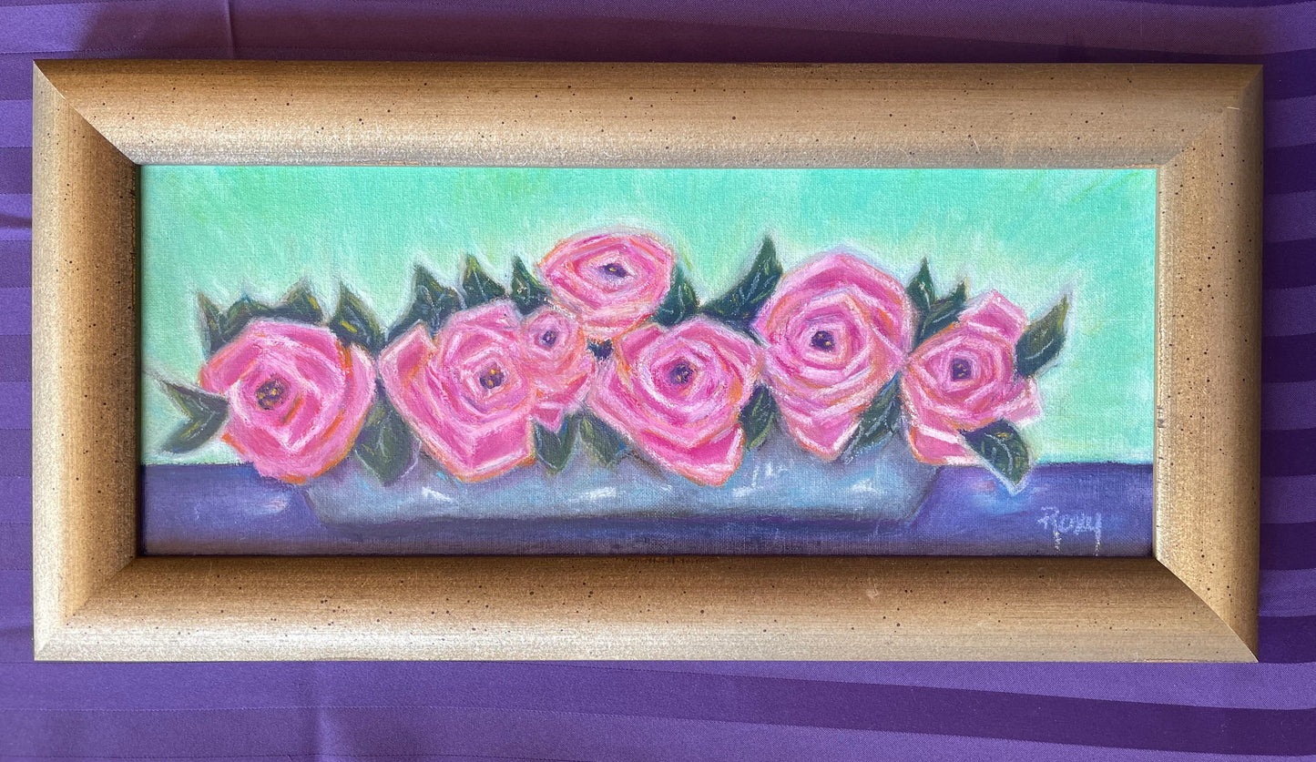 Lata llena de rosas-Original pintura pastel al óleo 8 x 20 enmarcado