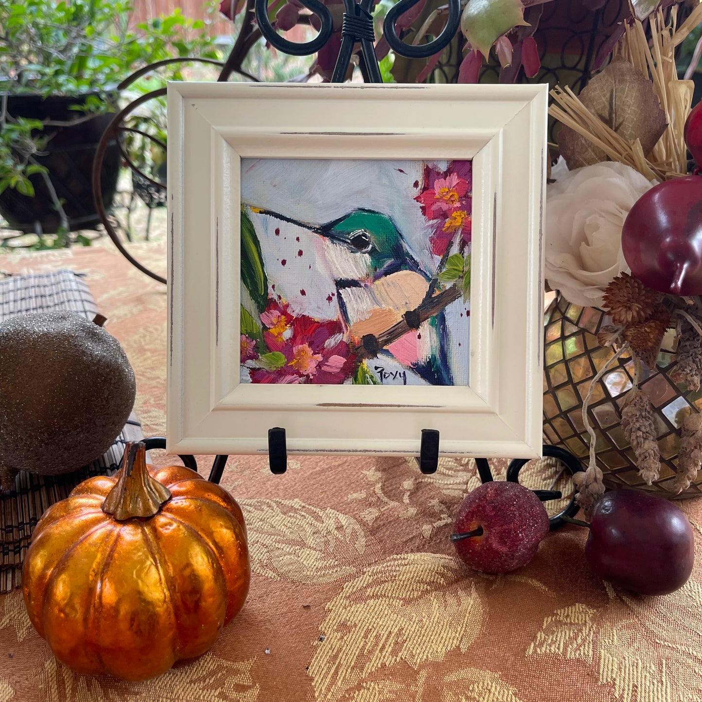 Curious Little Hummingbird Original Oil Painting 4x4 Framed