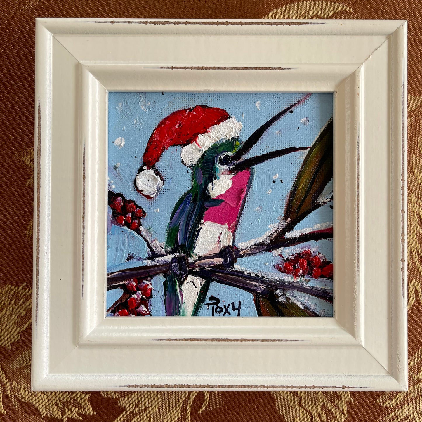 Merry and Bright Holiday Hummingbird Original Oil Painting 4x4 Framed