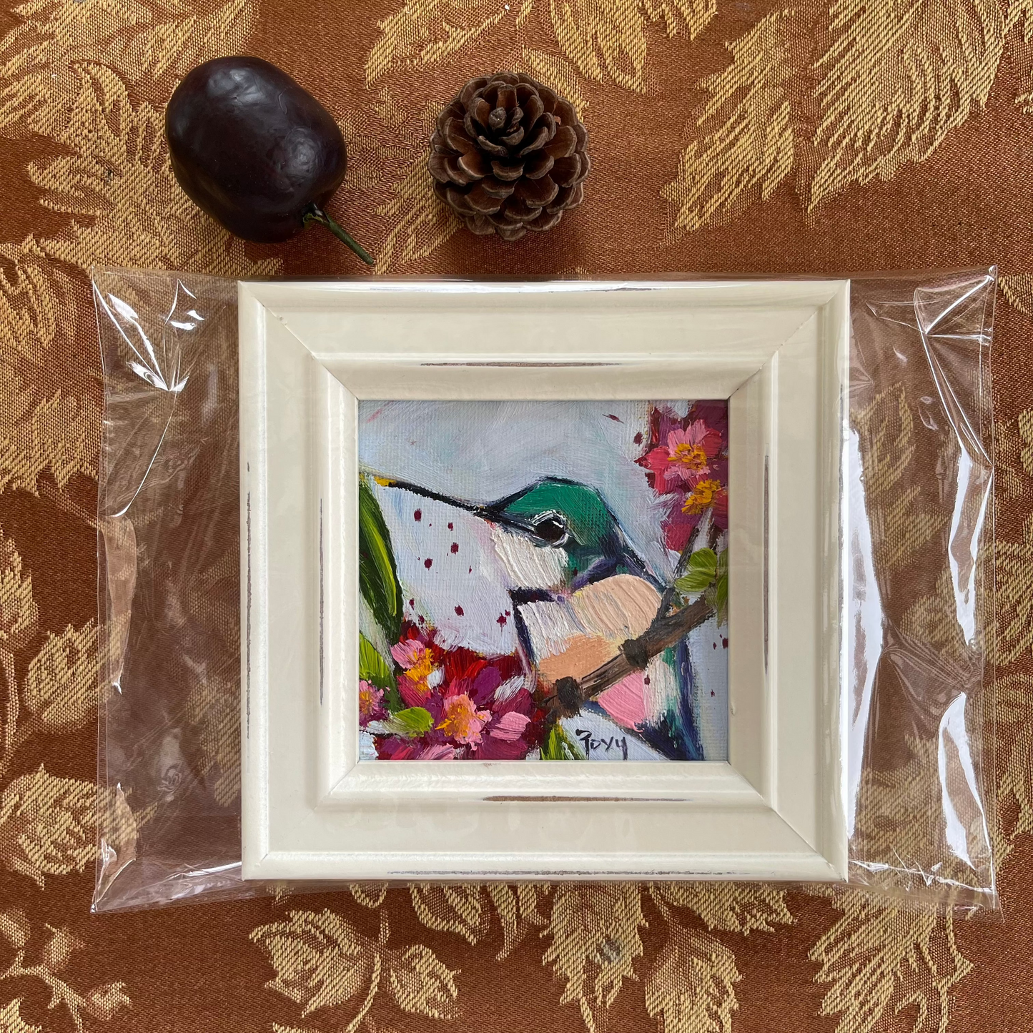 Curious Little Hummingbird Original Oil Painting 4x4 Framed