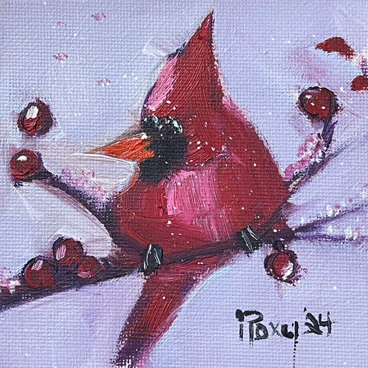 Red Cardinal Bird in Berries- Original Oil Painting 4x4 Framed