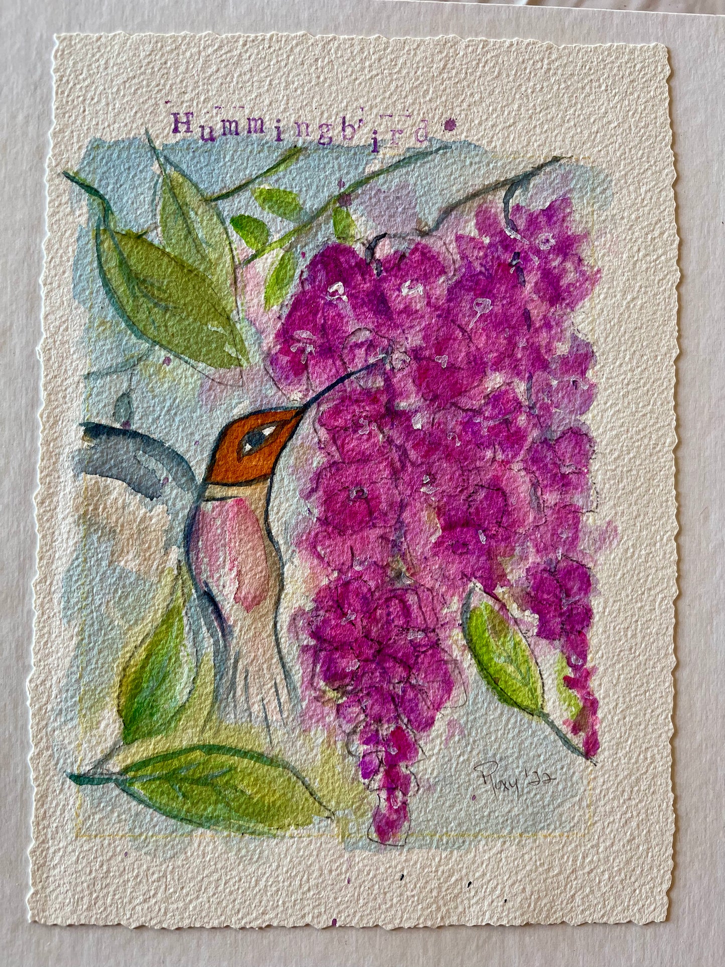 Hummingbird with Pink Wiisteria Original Watercolor Painting 8 x 10 Framed