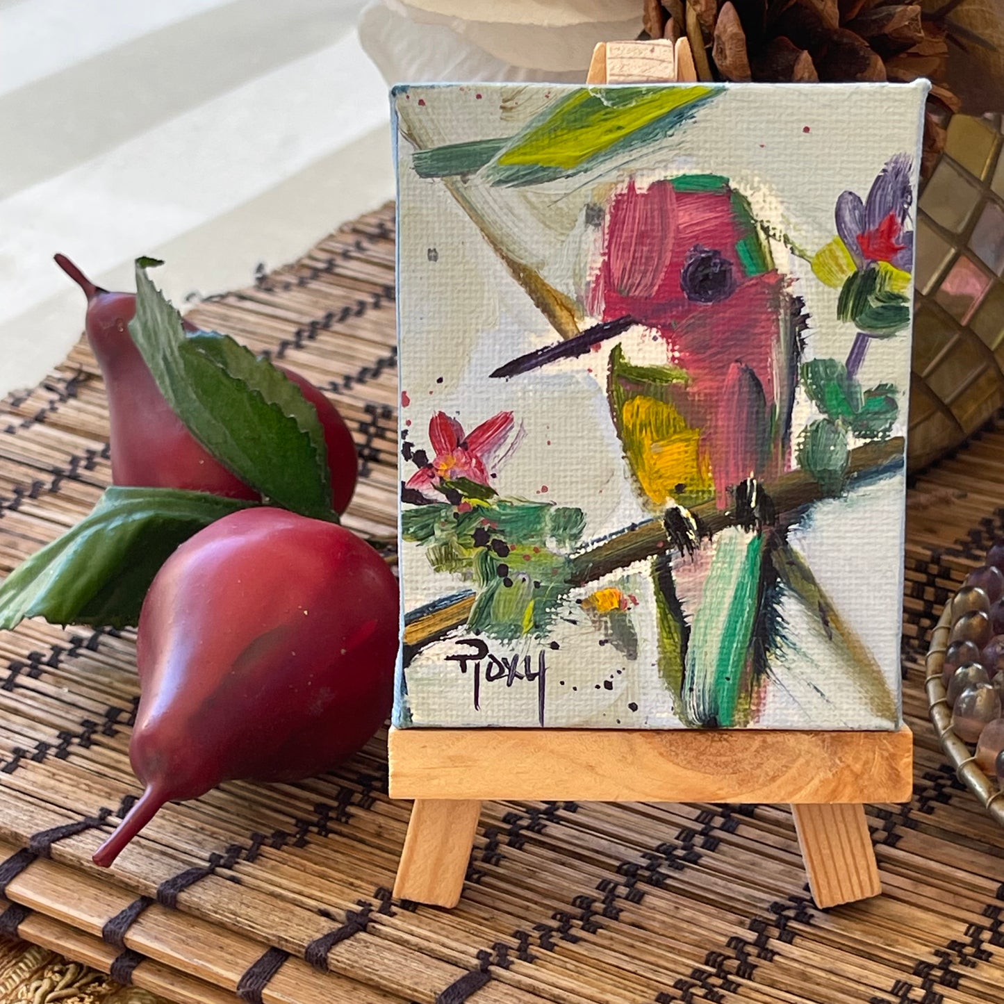 Colorful Anna’s -Original Miniature Hummingbird Oil Painting with Stand