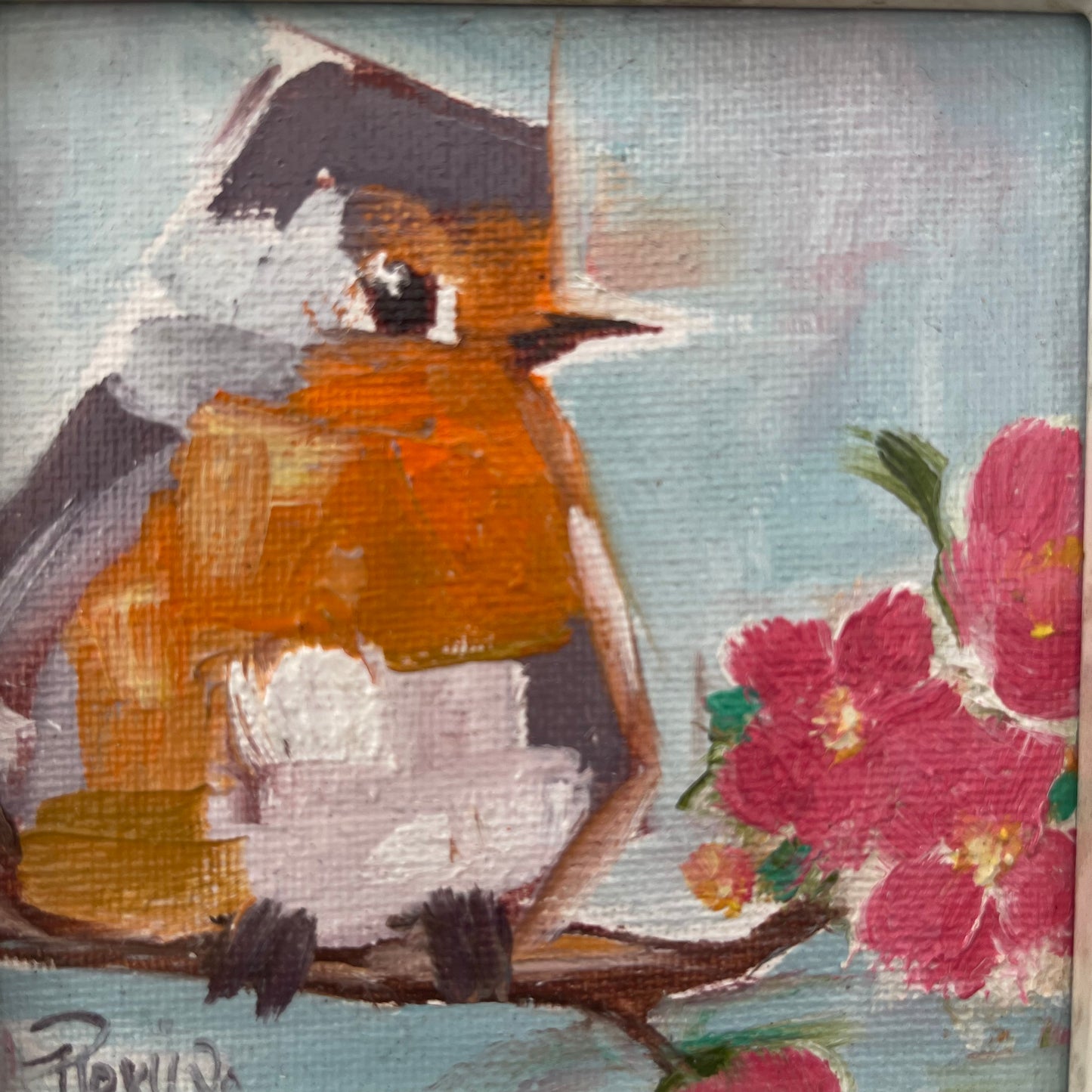Fat Little Robin Original Oil Painting 4x4 Framed