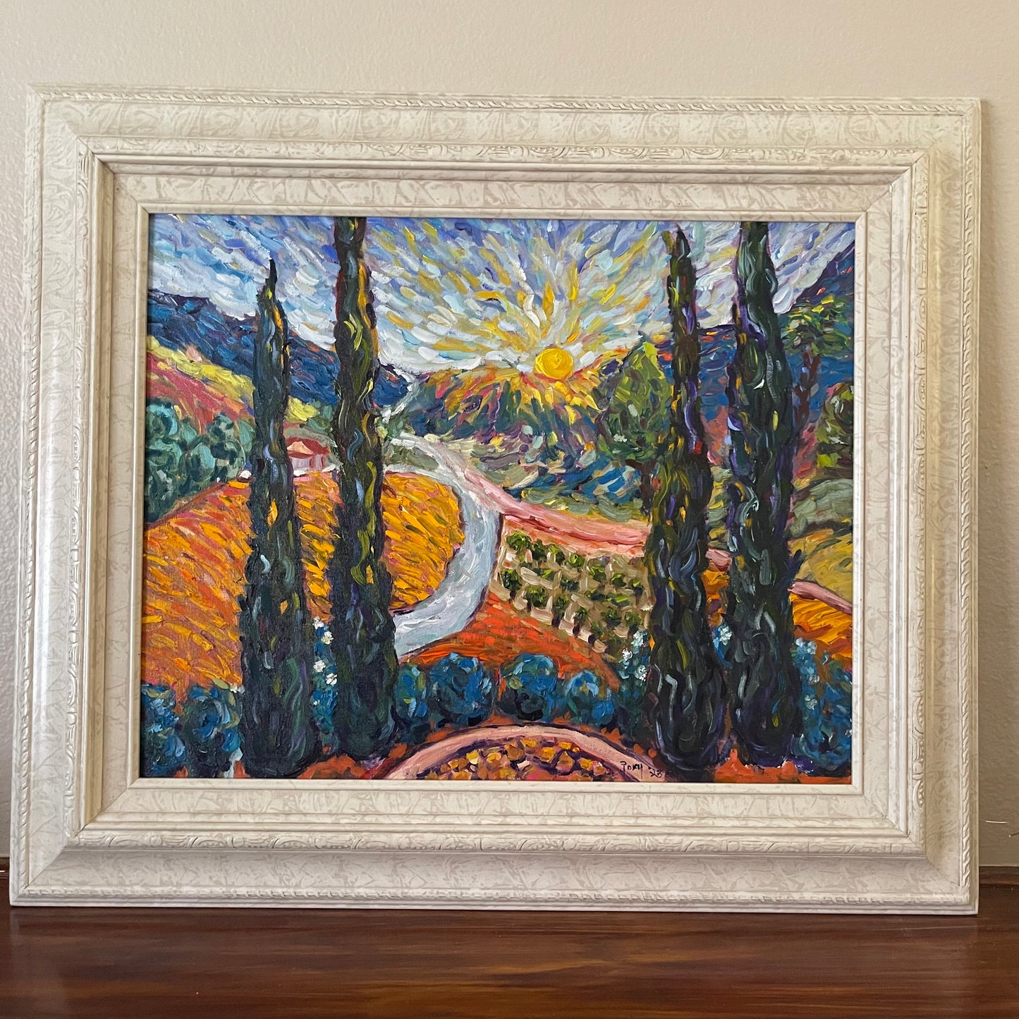 Cyprès ensoleillés-Peinture originale de paysage à l’huile 16 x 20 encadrée