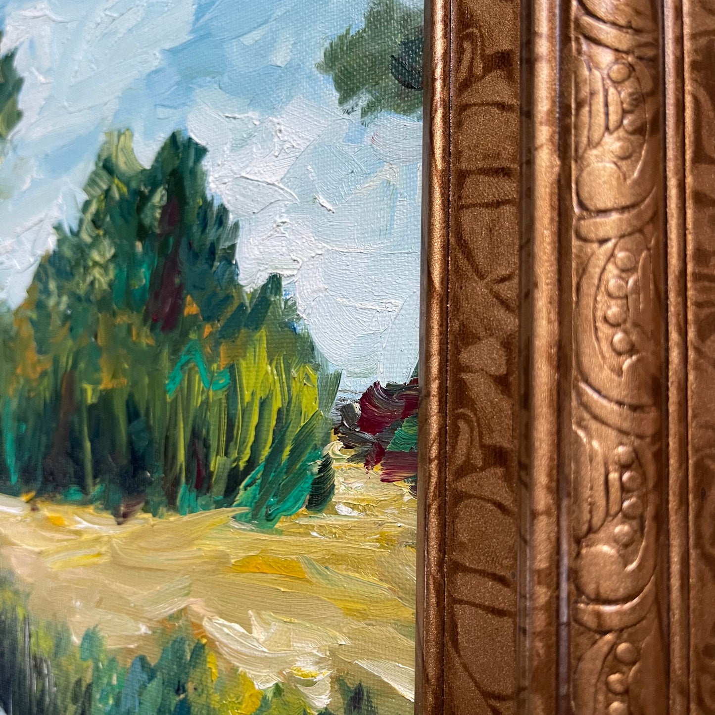 Une vue sur la campagne près du Old New Inn Cotswolds - Peinture originale de paysage à l’huile impressionniste contemporaine encadrée