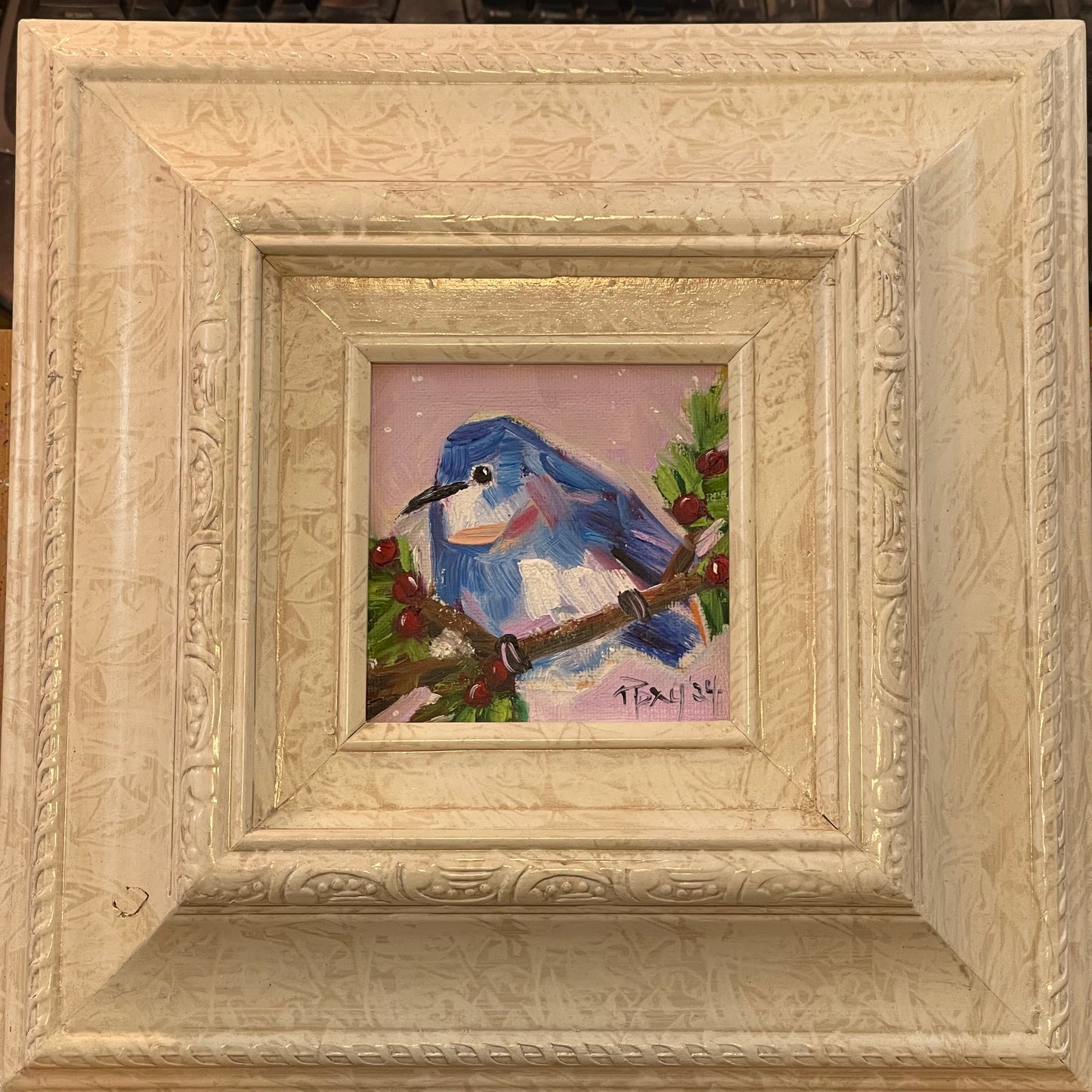 Mountain Bluebird in Berries- Original Oil Painting 4x4 Framed