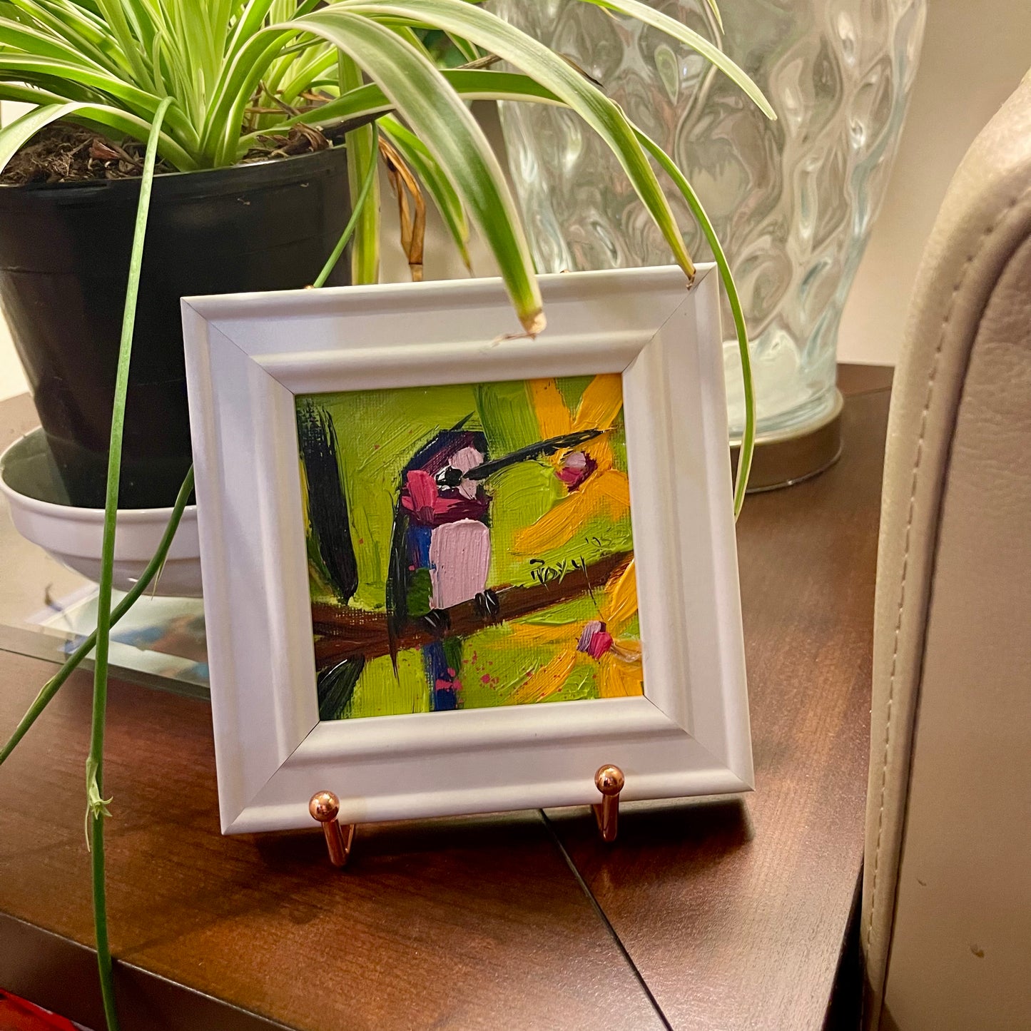 Winged Wonder-Hummingbird Original Oil Painting 4x4 Framed