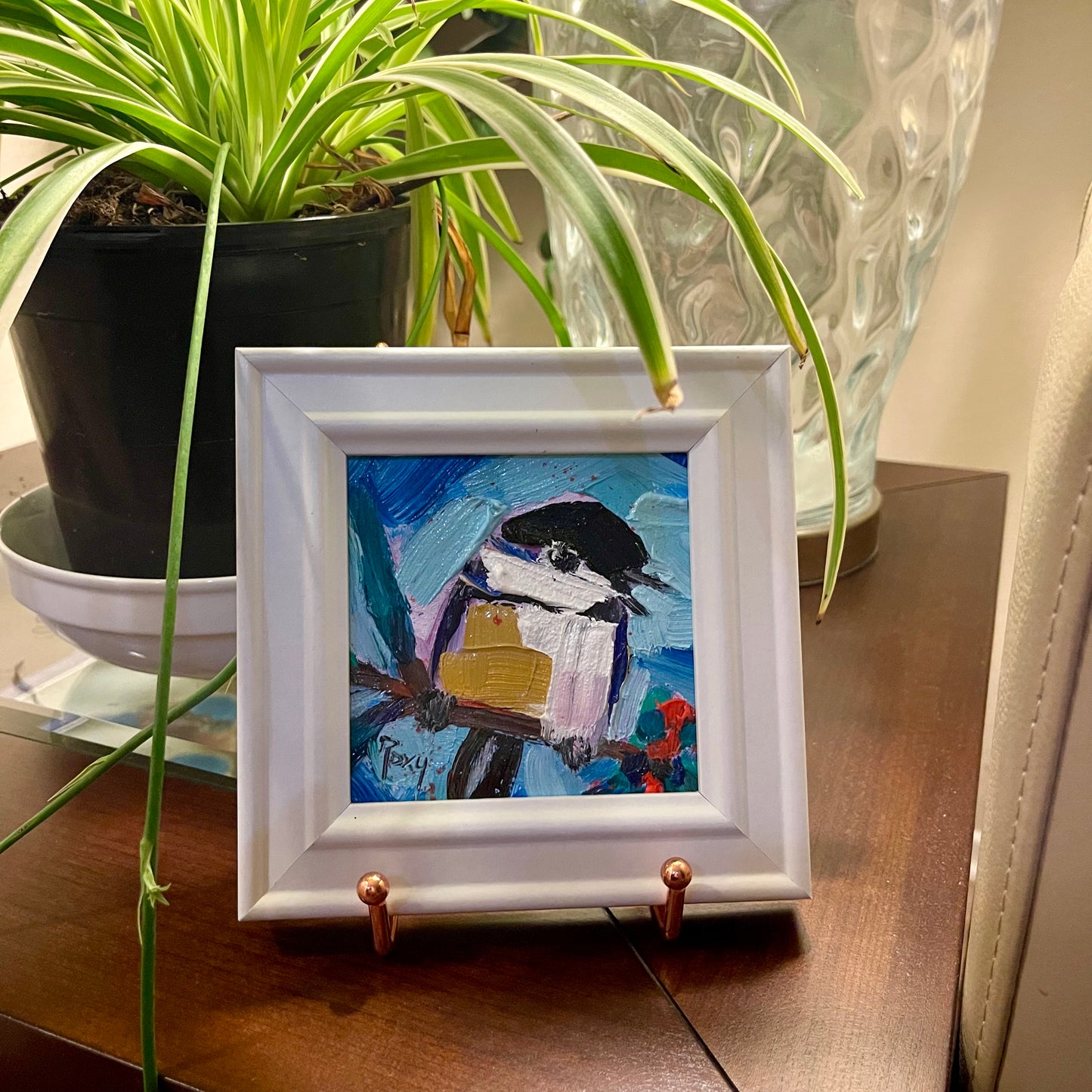 Chirpy Chickadee-Original Oil Painting 4x4 Framed