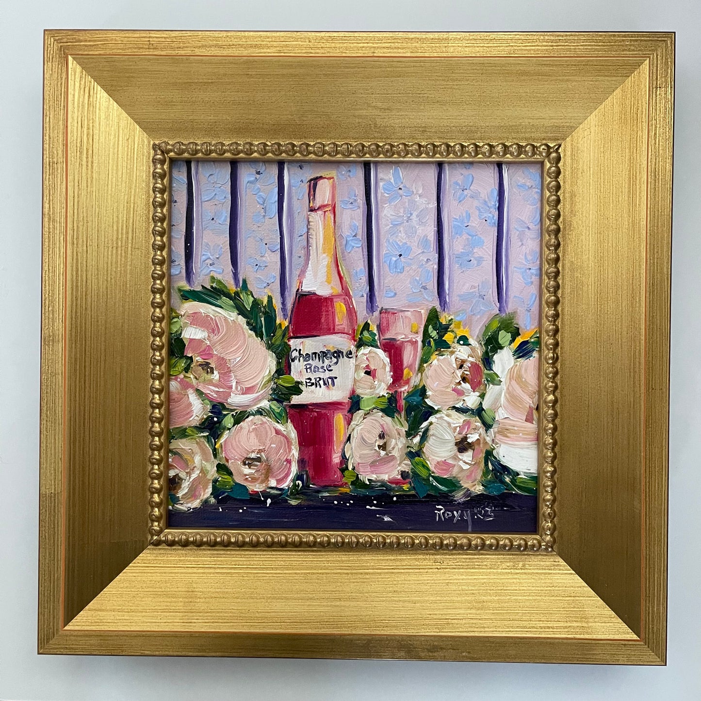 Champán rosa y peonías Pintura al óleo original 8 x 8 enmarcado