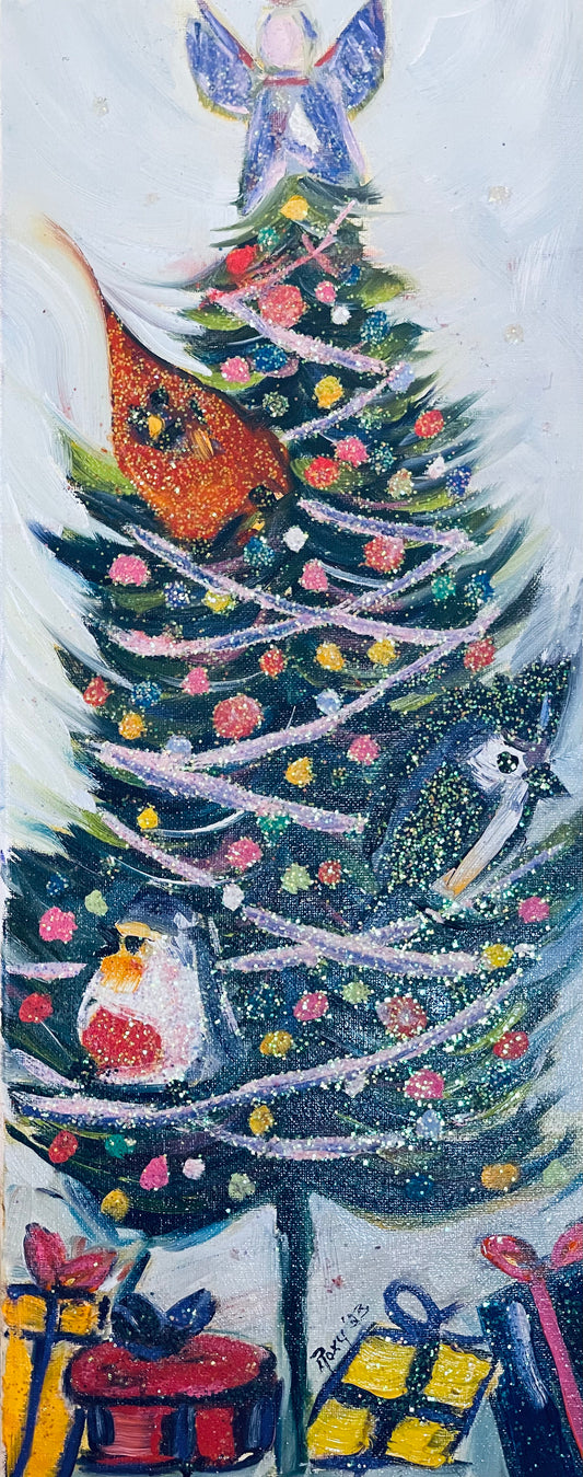 Plumes festives #2 (Oiseaux dans un arbre de Noël) Peinture à l’huile originale 8 x 20