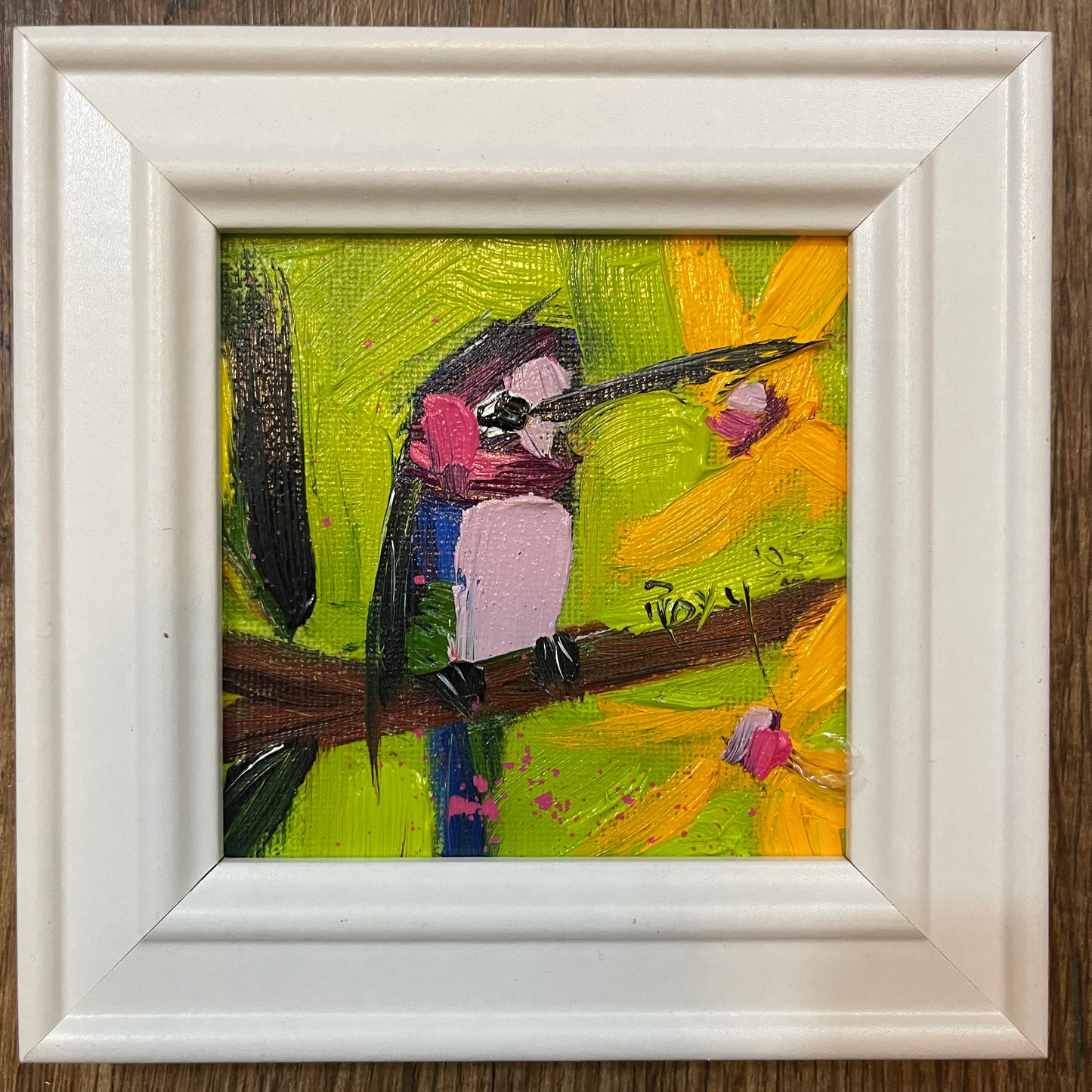 Winged Wonder-Hummingbird Original Oil Painting 4x4 Framed