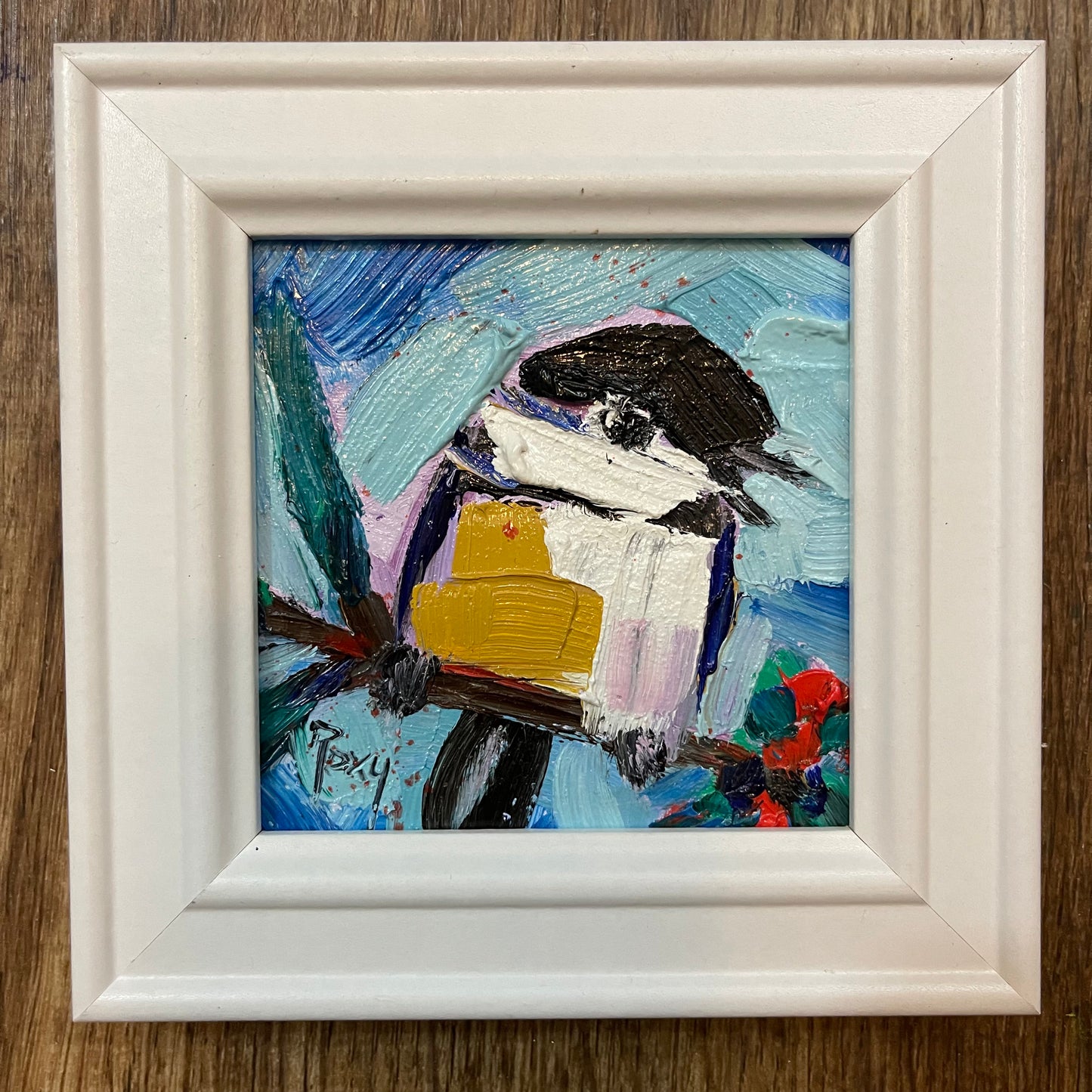 Chirpy Chickadee-Original Oil Painting 4x4 Framed