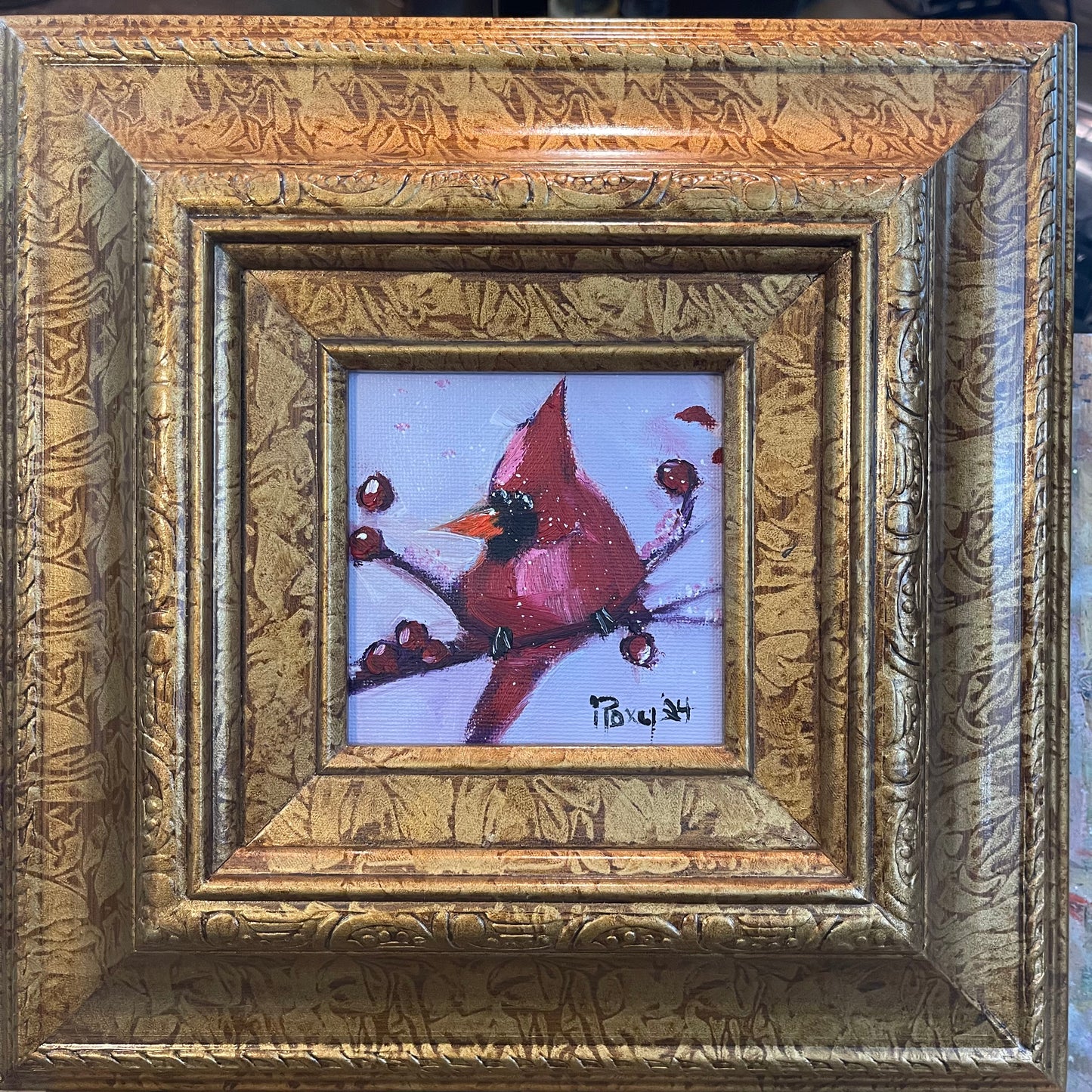 Red Cardinal Bird in Berries- Original Oil Painting 4x4 Framed