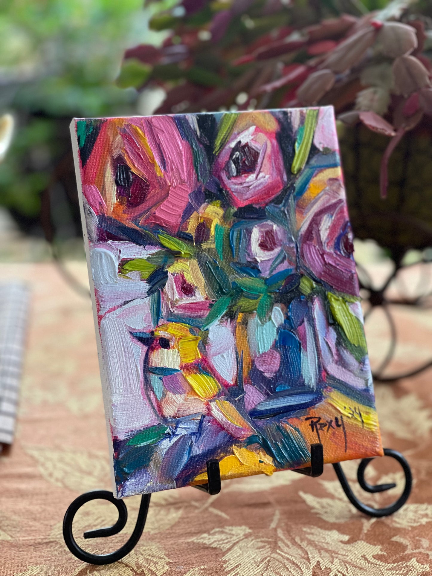 Abstract Roses and Bird Original Oil Painting 6x8 Unframed